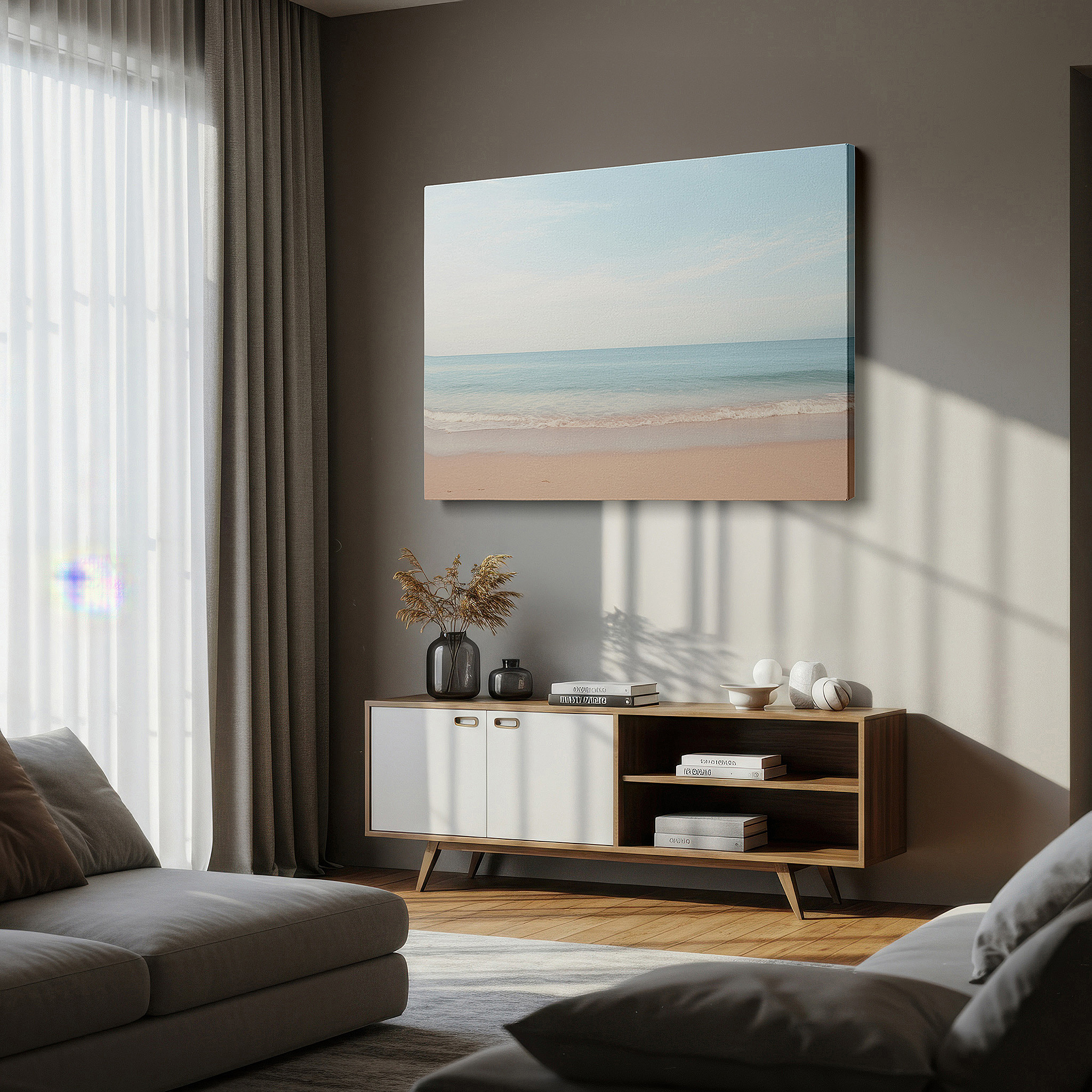 Lighting brings out layered depth in the print’s surface grain — tranquil beachscape wall art featuring turquoise waters and golden sands beneath a radiant blue sky - large canvas wall art for home and office decor