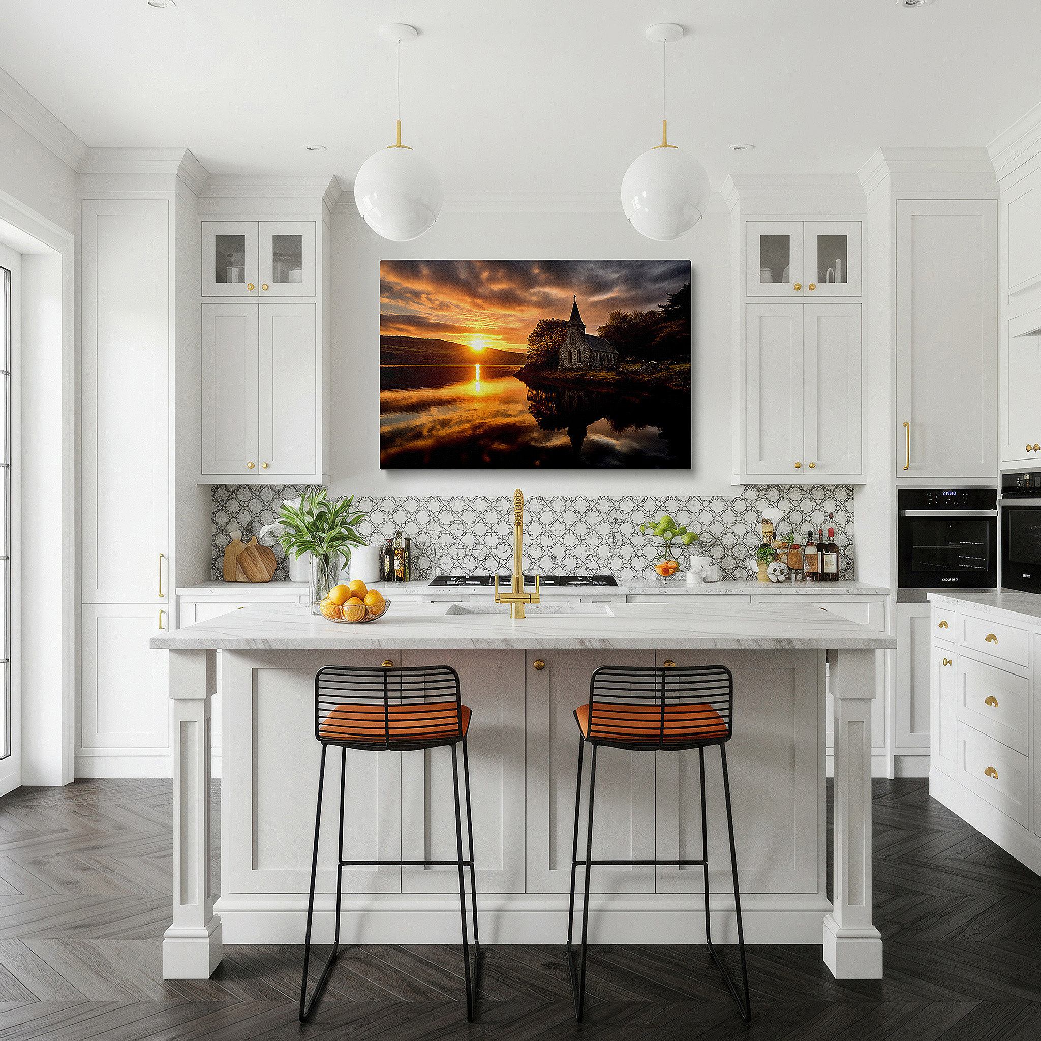 Lighting brings out layered depth in the print’s surface grain — tranquil church by the lake at sunset: large canvas wall art depicting serene natural beauty - ideal for office and bedroom decor
