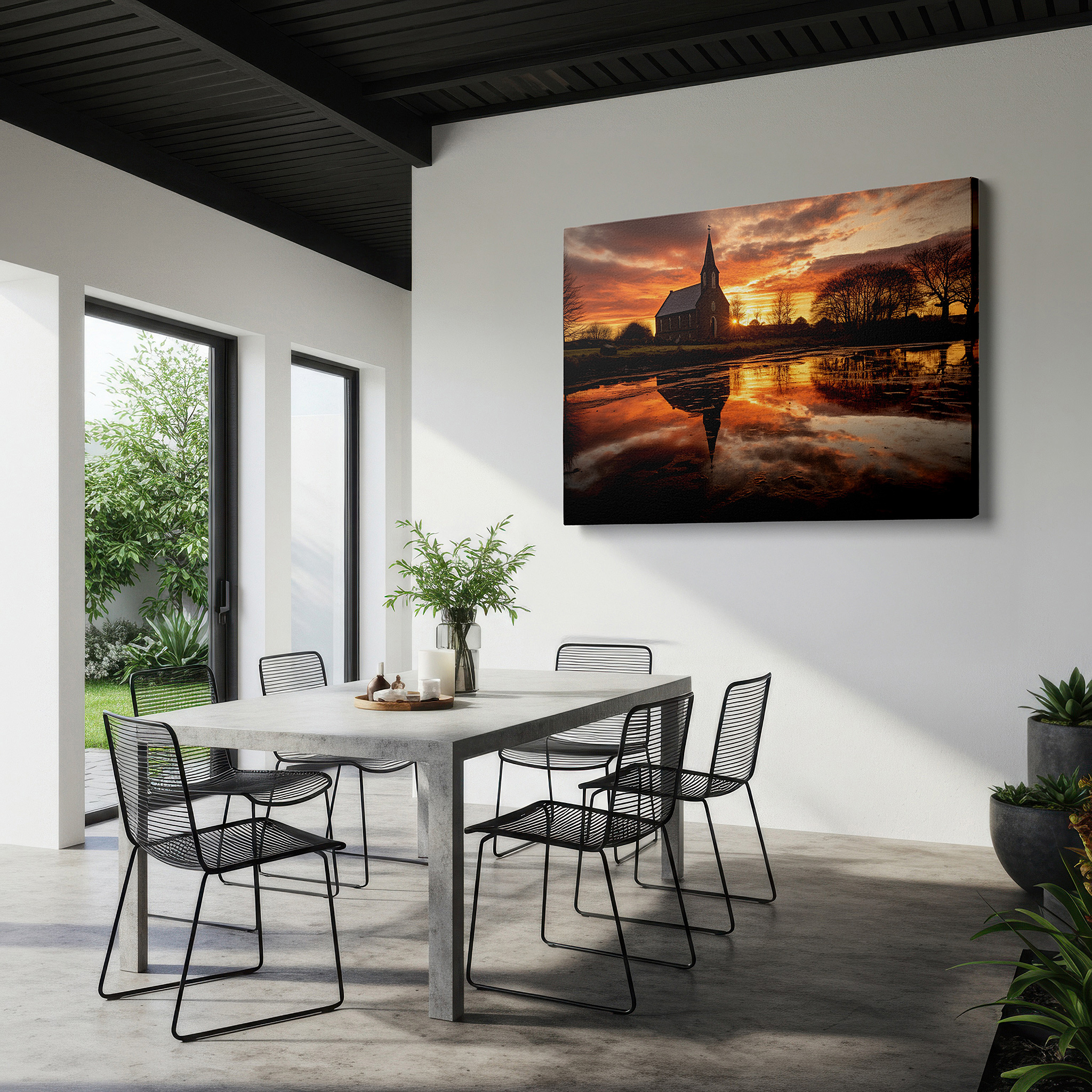 Lighting brings out layered depth in the print’s surface grain — tranquil church silhouette against a vibrant sunset: spiritual beauty large wall art, canvas wall art, wall decor for office