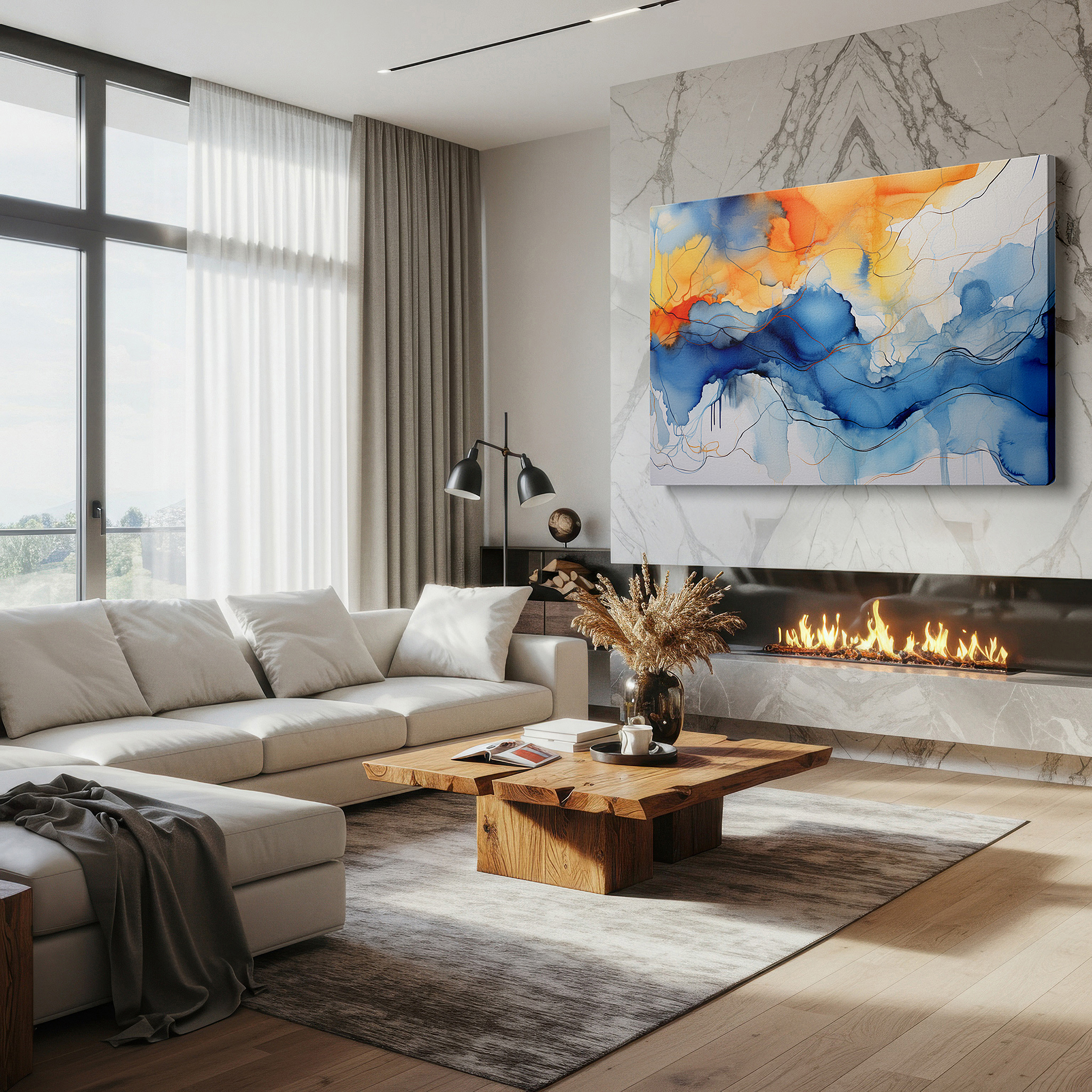 Lighting brings out layered depth in the print’s surface grain — a tranquil fusion of ocean blues and sunset oranges in a graceful display of nature's palette large wall art, canvas wall art, wall decor, office wall art