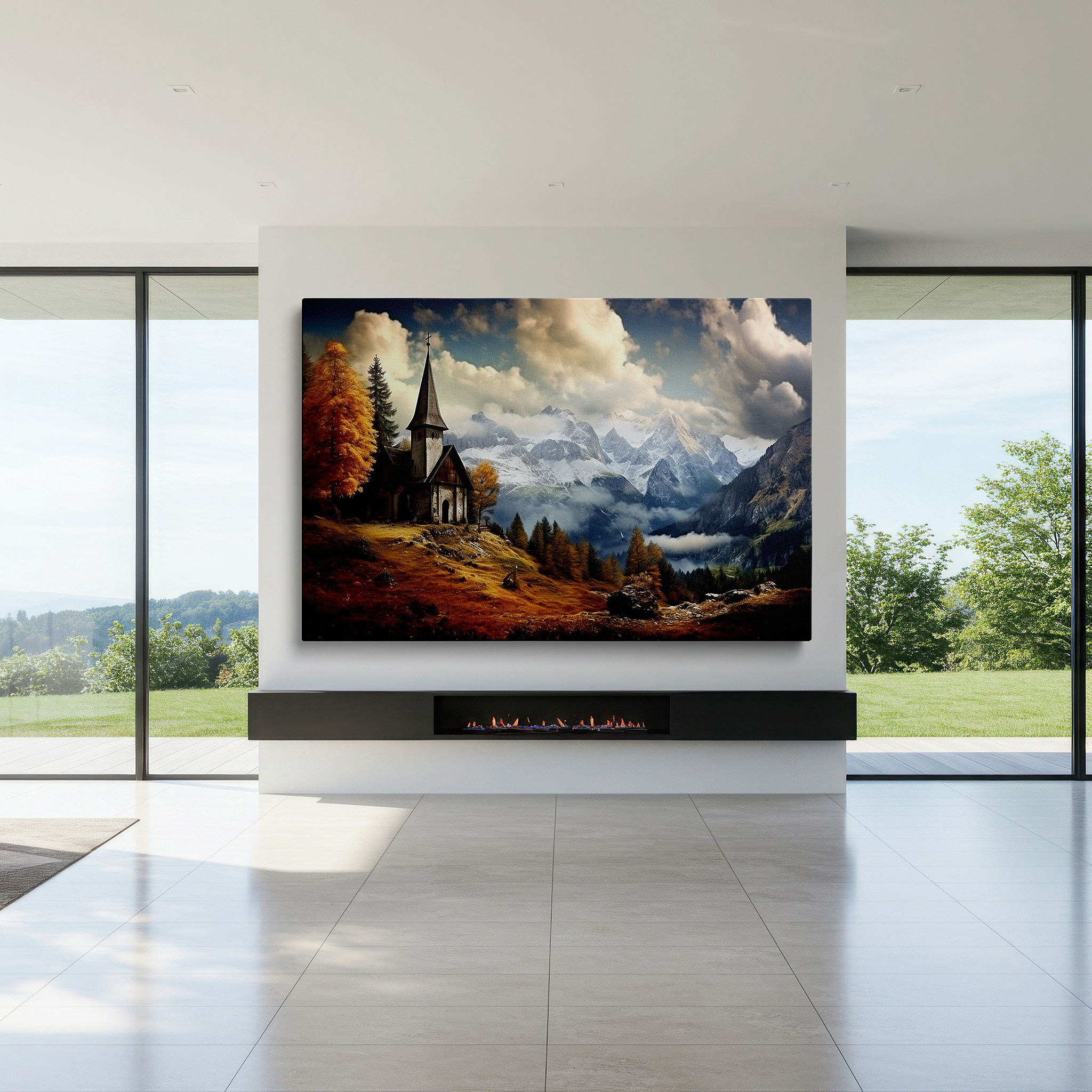 Lighting brings out layered depth in the print’s surface grain — tranquil landscape featuring autumn trees and snow-capped mountains, peaceful church sanctuary large wall art, canvas wall art, wall decor for office