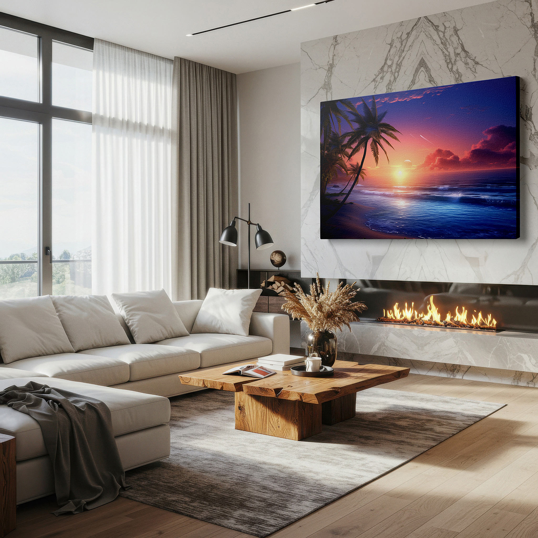 Lighting brings out layered depth in the print’s surface grain — tropical sunset serenity: fiery skies and pristine beach - large canvas wall art for office, bedroom, and living room decor