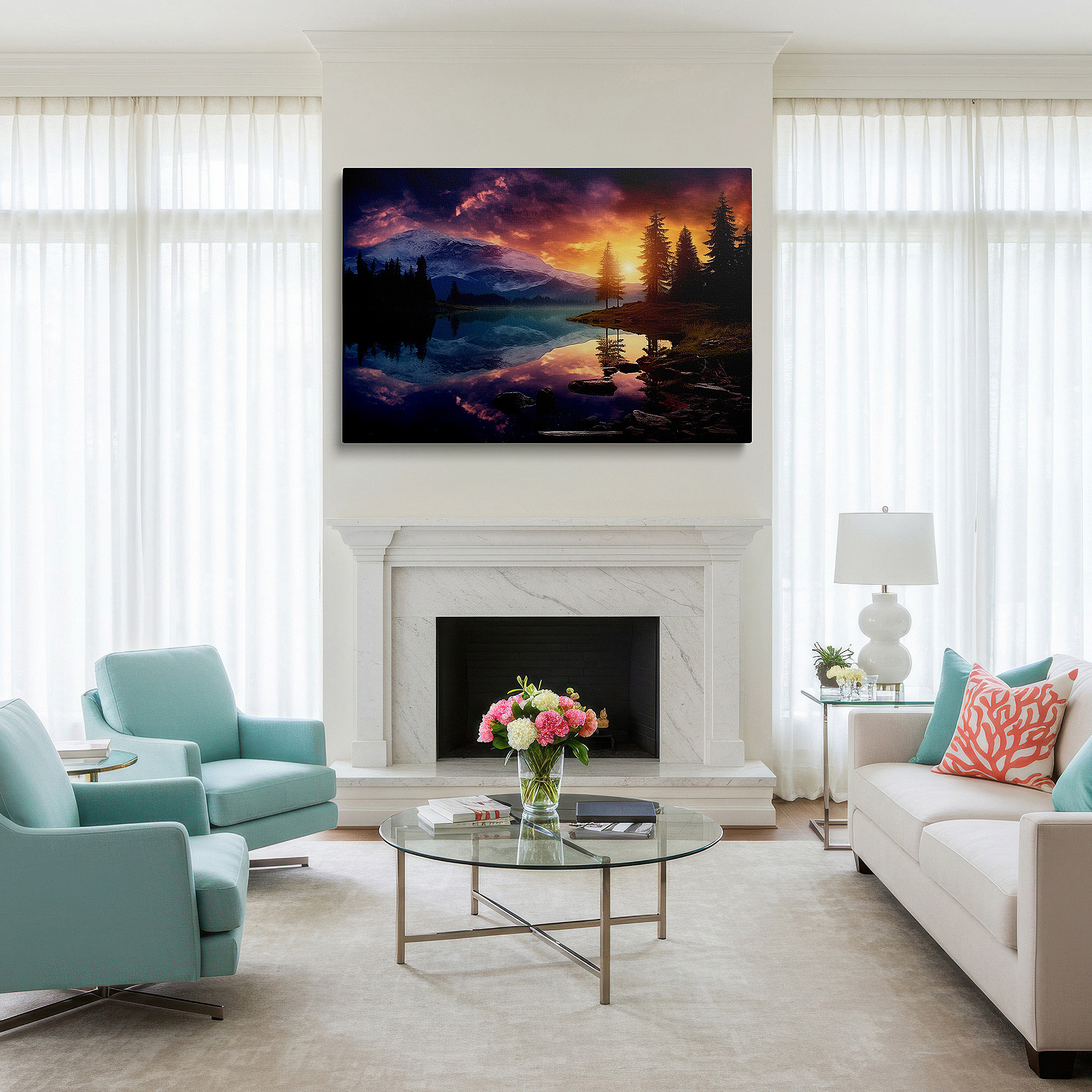 Lighting brings out layered depth in the print’s surface grain — twilight tapestry wall art featuring serene lake reflections, majestic trees, and vibrant orange and purple hues - large canvas wall art