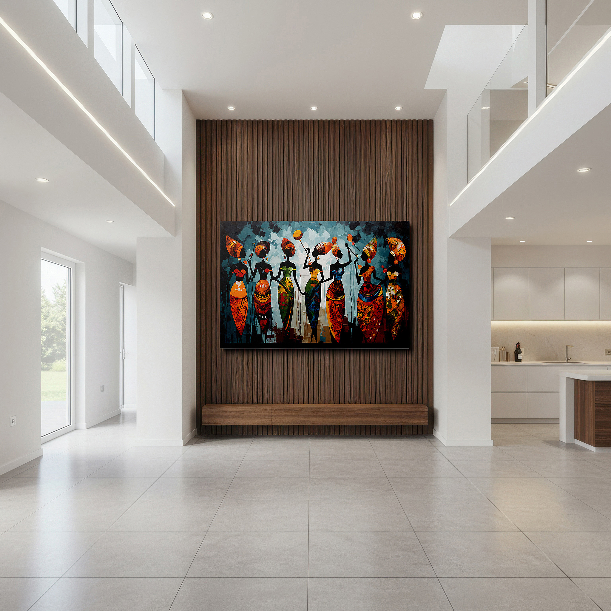 Lighting brings out layered depth in the print’s surface grain — vibrant celebration of cultural diversity: abstract traditional attire large wall art, canvas wall art, wall decor for office