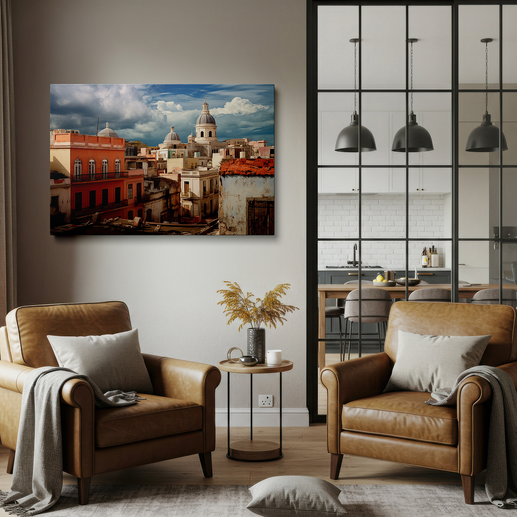 Lighting brings out layered depth in the print’s surface grain — vibrant historic cityscape canvas wall art with dramatic sky for office, bedroom, and living room decor