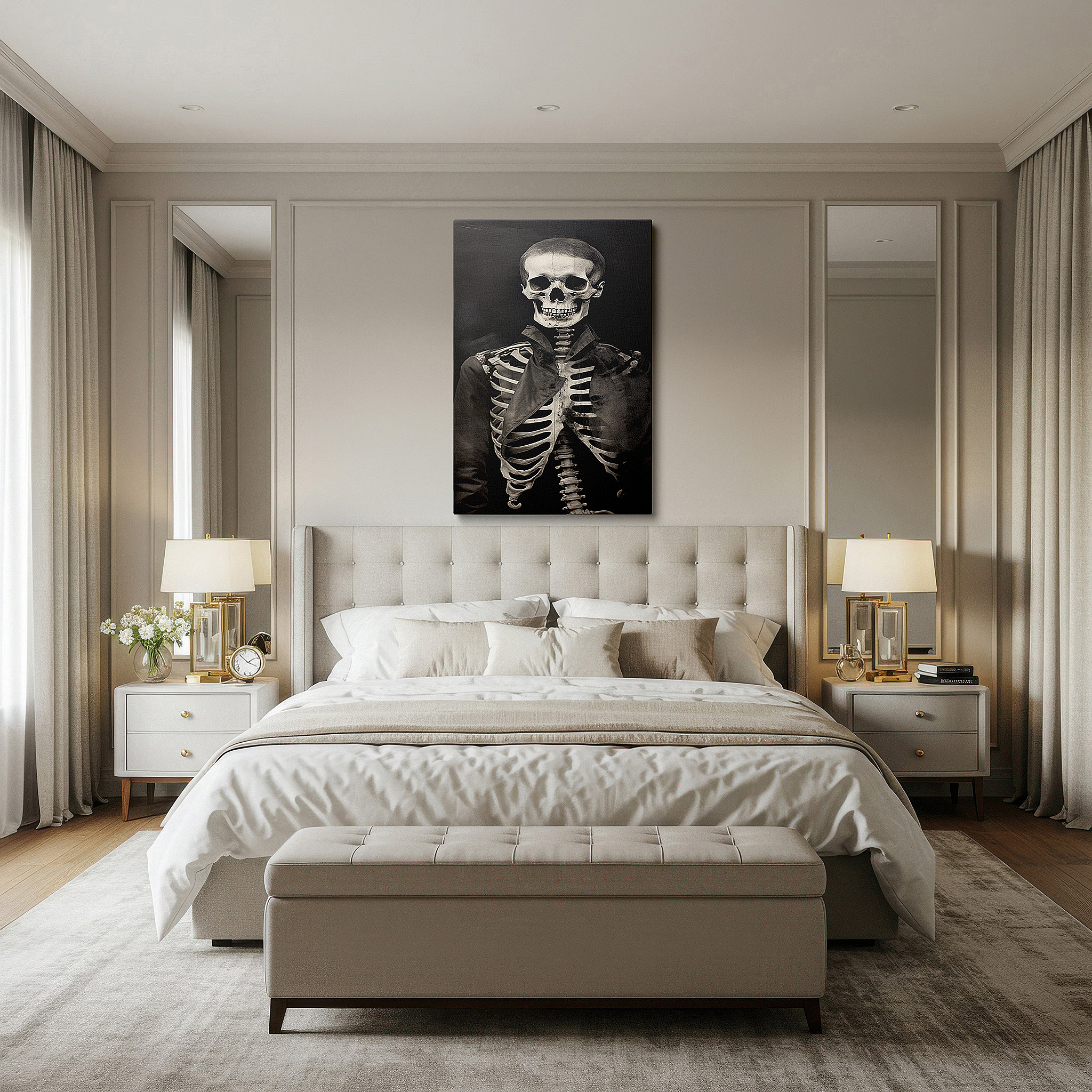 Lighting brings out layered depth in the print’s surface grain — wall art: 19th-century skeleton in historical attire - large canvas for home and office decor, ideal for living rooms and bedrooms