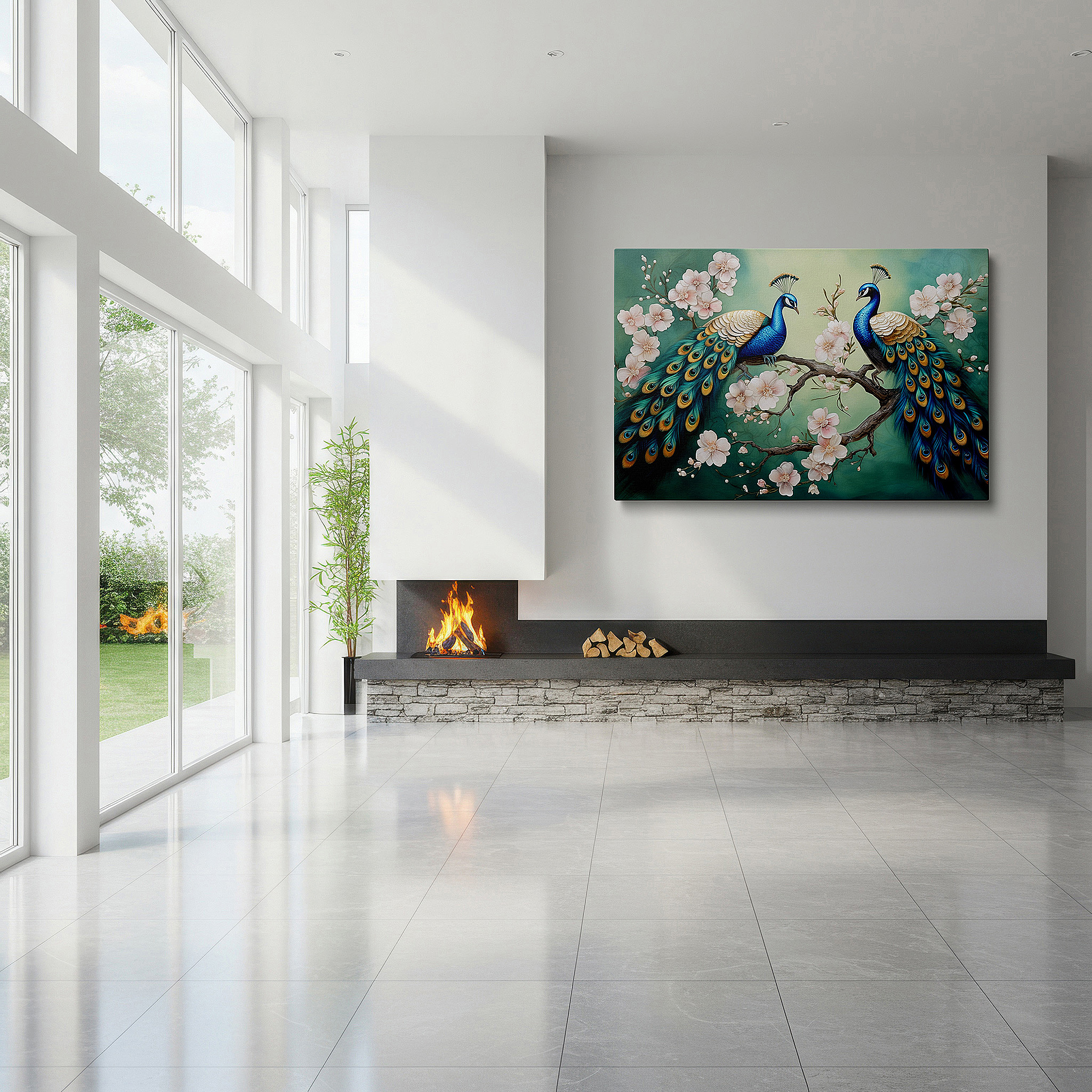 Lighting brings out layered depth in the print’s surface grain — wall art: elegant nature scene with peacocks and cherry blossoms - large canvas art for office and bedroom decor