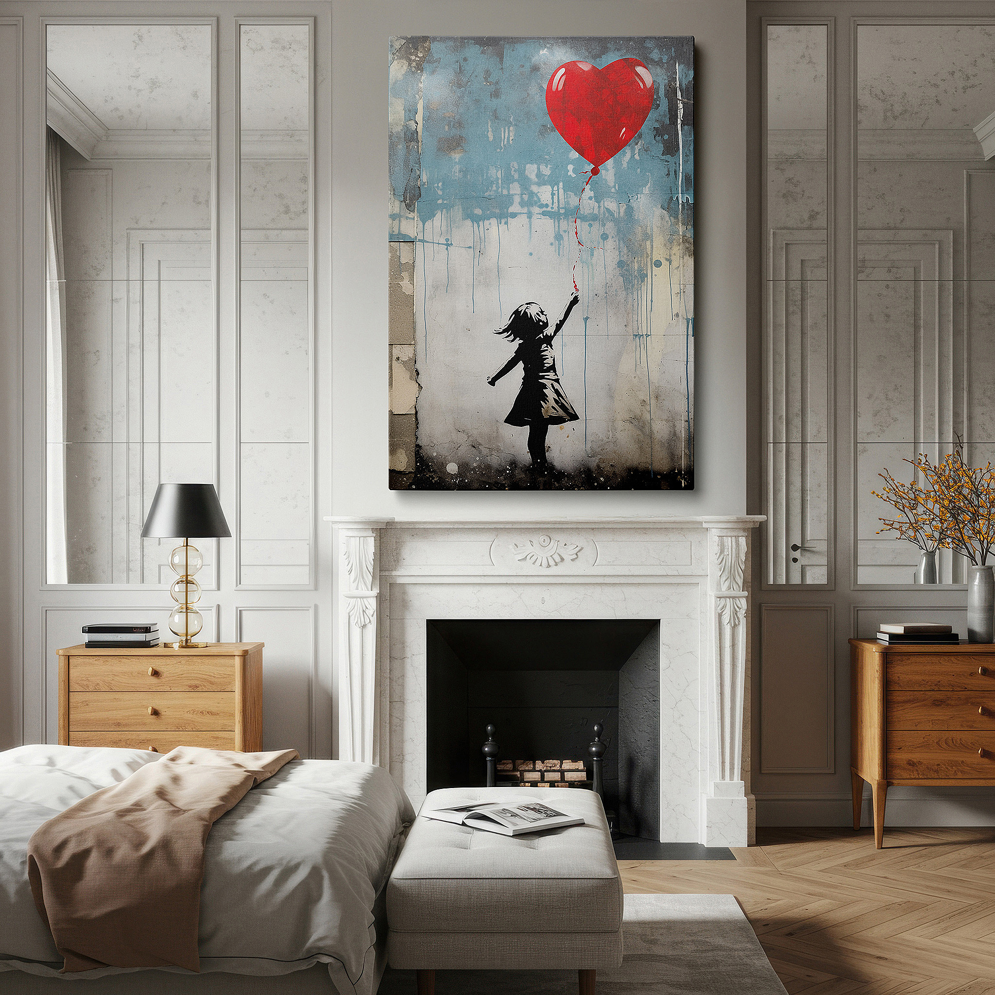 Lighting brings out layered depth in the print’s surface grain — wall art: "girl with the heart-shaped balloon" - emblem of hope and dreams amidst urban life. large canvas art for home and office decor, perfect for living room and bedroom