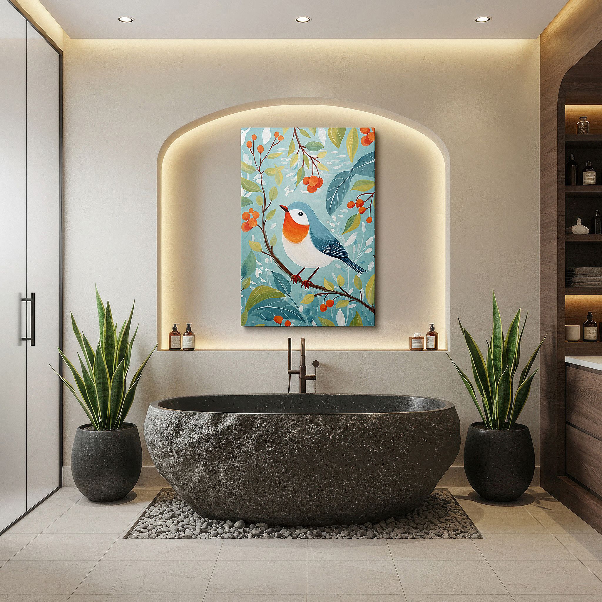 Lighting brings out layered depth in the print’s surface grain — wall art: lush foliage with vivid bird - a tranquil homage to nature's beauty. ideal for office, bedroom, and home decor, available as large canvas wall art.