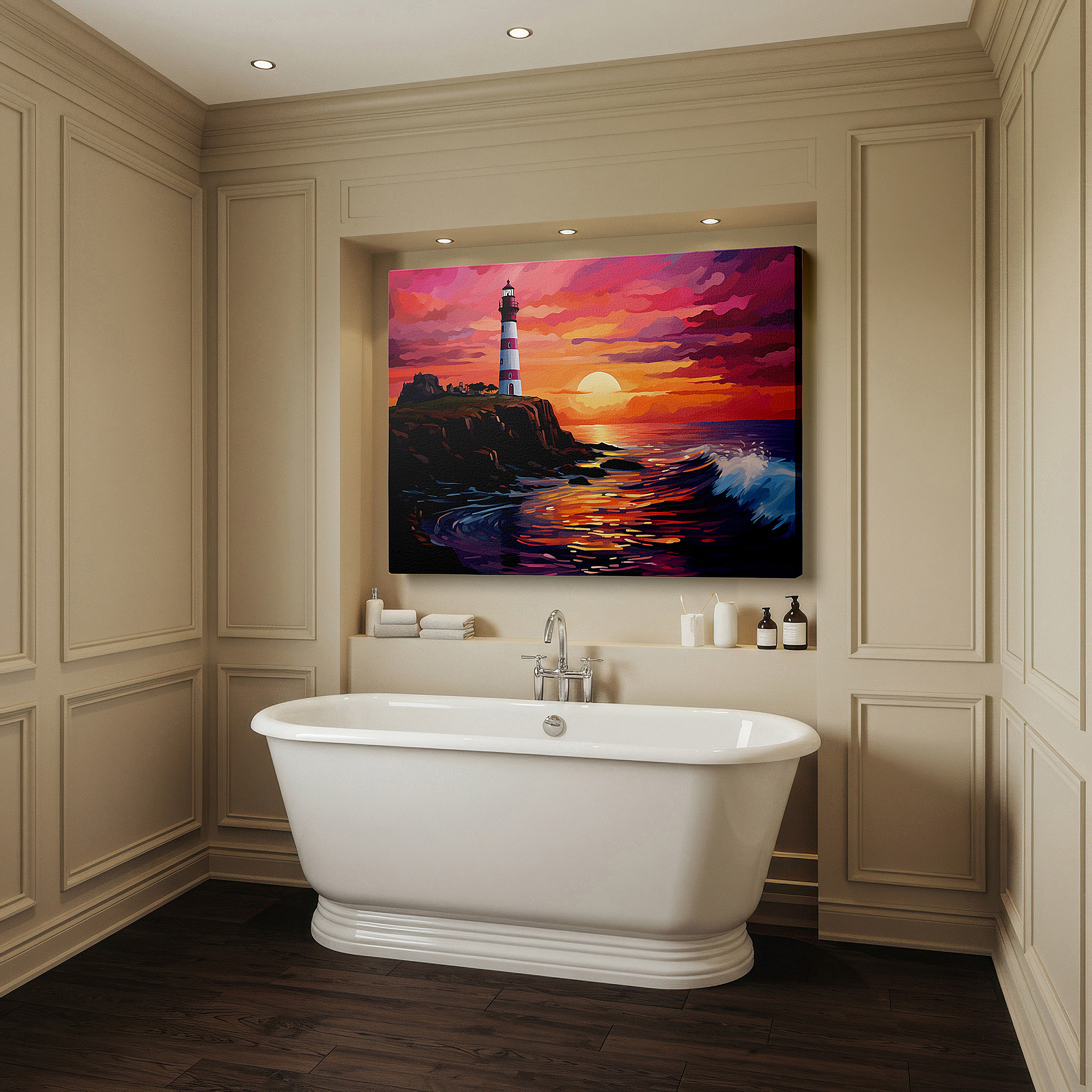 Lighting brings out layered depth in the print’s surface grain — wall art: majestic lighthouse at sunset - a beacon of hope against a vibrant sky. large canvas wall art for office and bedroom decor.