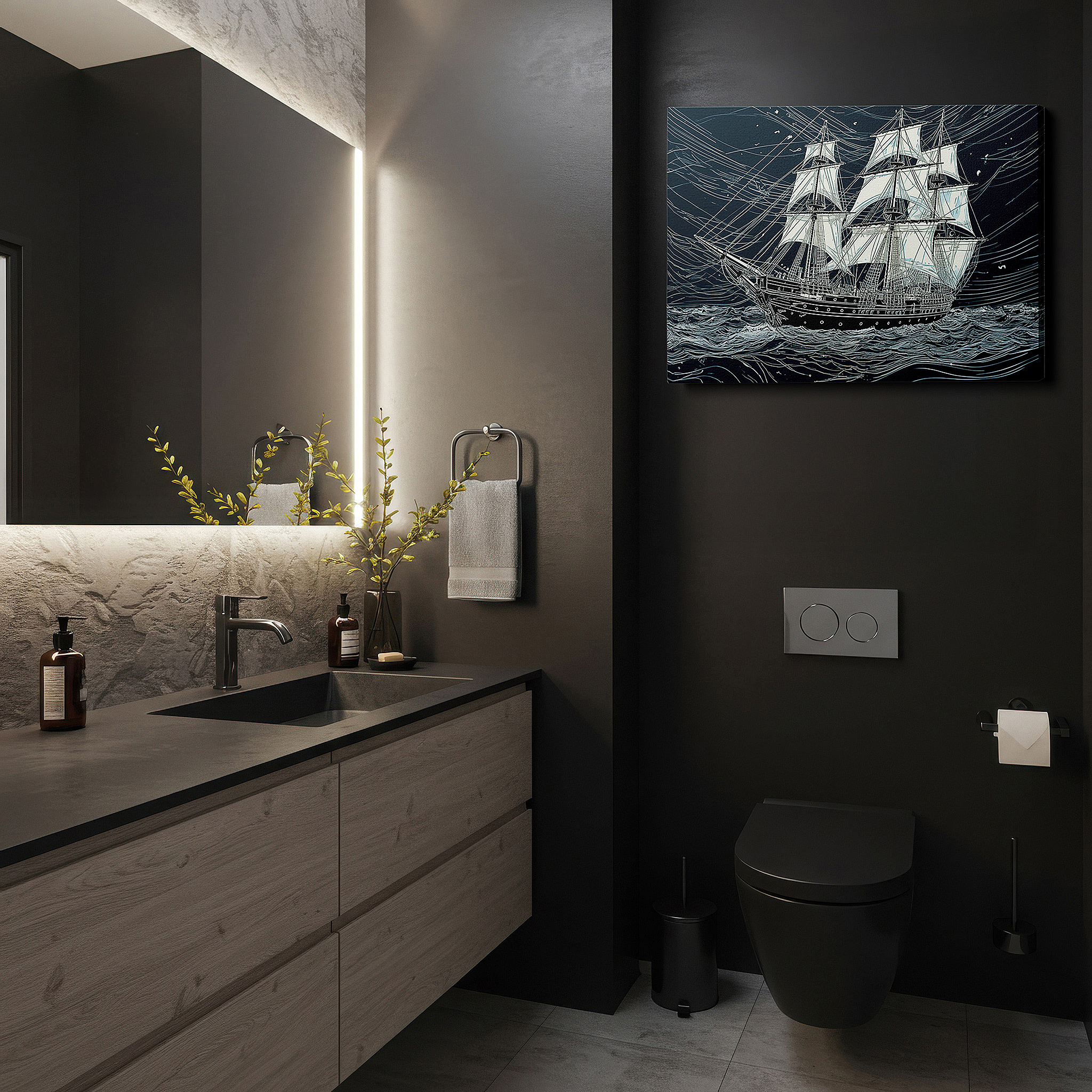 Lighting brings out layered depth in the print’s surface grain — wall decor: brave sailing vessel confronts tempestuous waters, emblematic of resilience and adventure - large canvas art for office and home decor