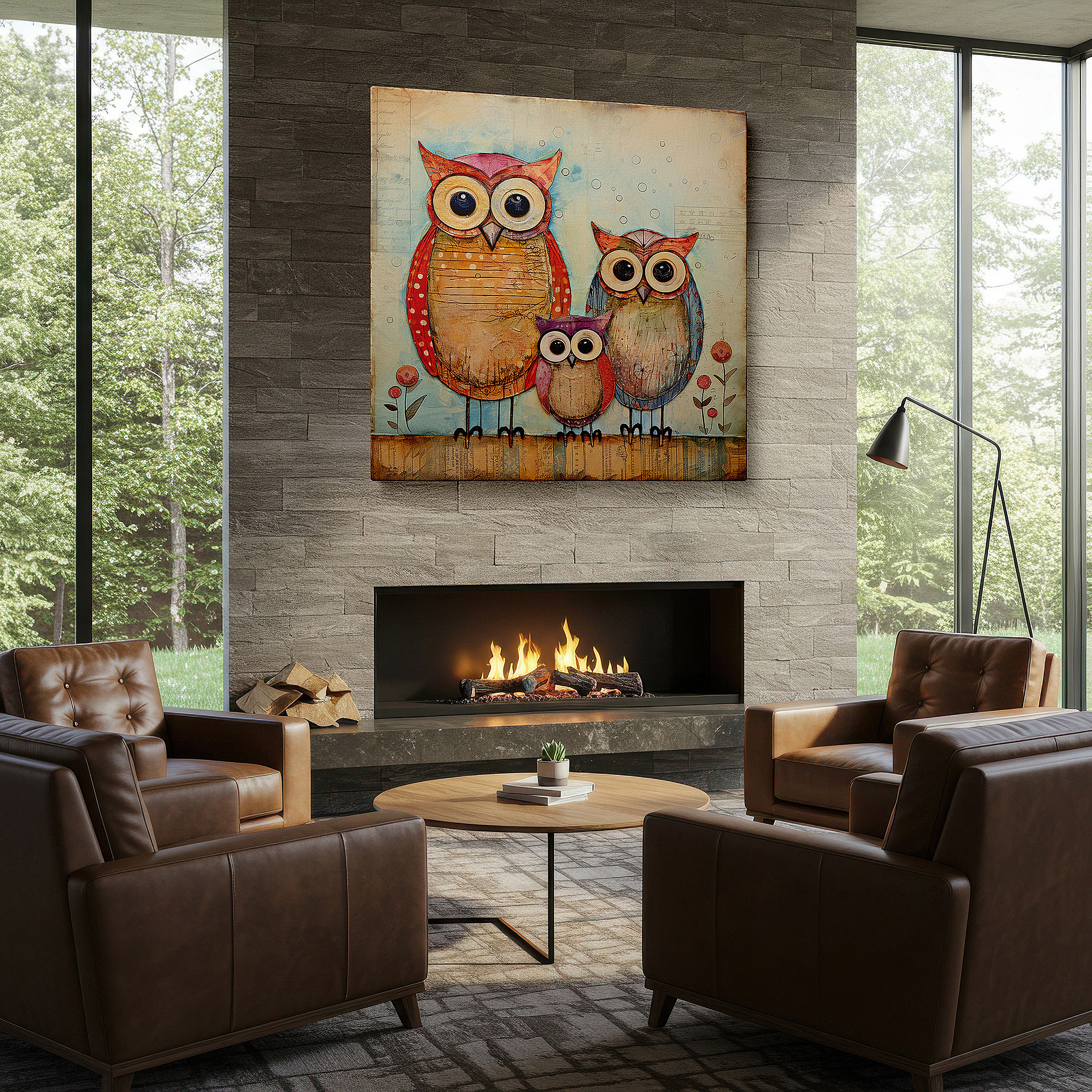Lighting brings out layered depth in the print’s surface grain — wall decor: charming set of three pastel owls, large canvas art perfect for adding creativity and warmth to any room, ideal for office or bedroom decor