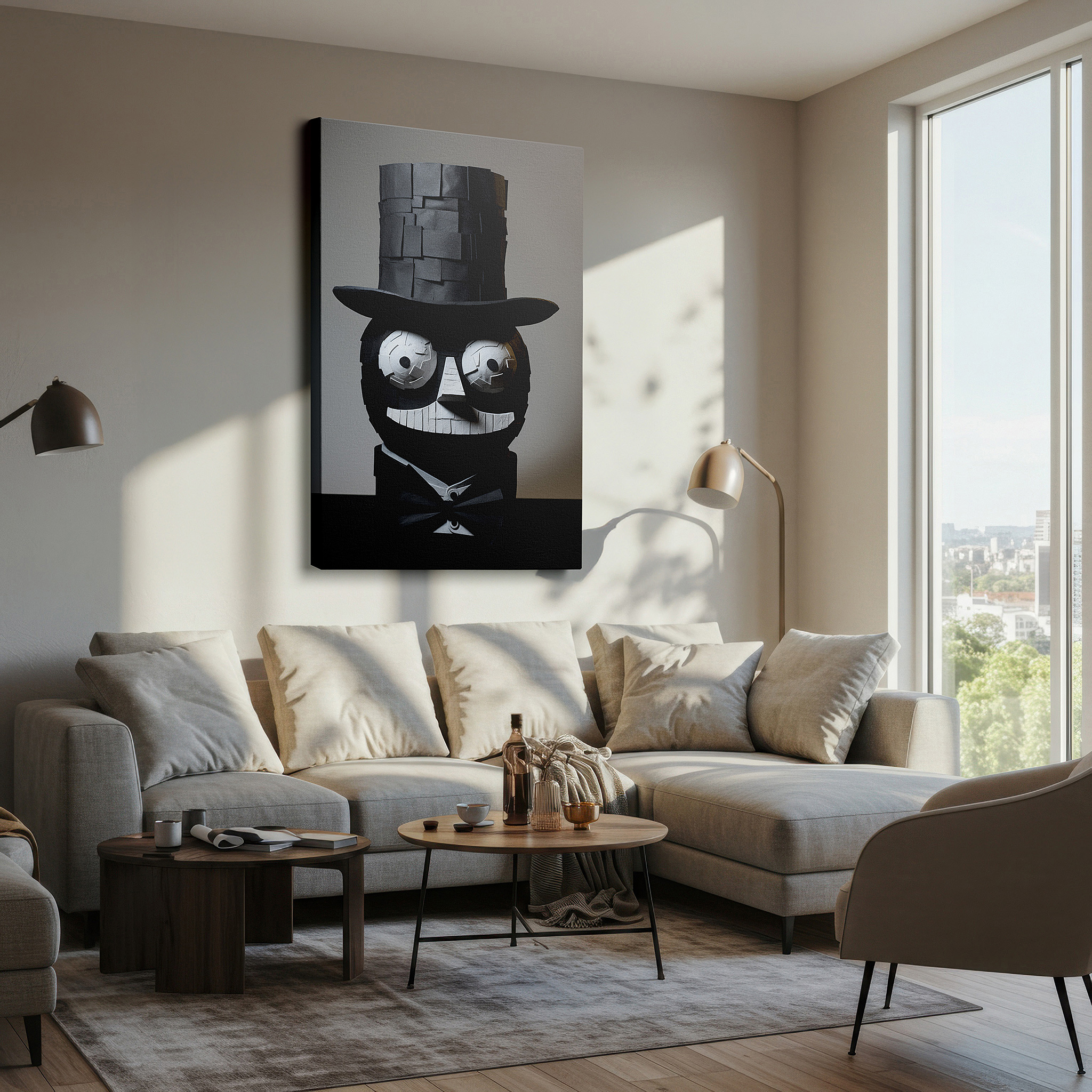 Lighting brings out layered depth in the print’s surface grain — whimsical styrofoam character with scholarly glasses and bow tie - large wall art for office and bedroom decor, canvas wall art
