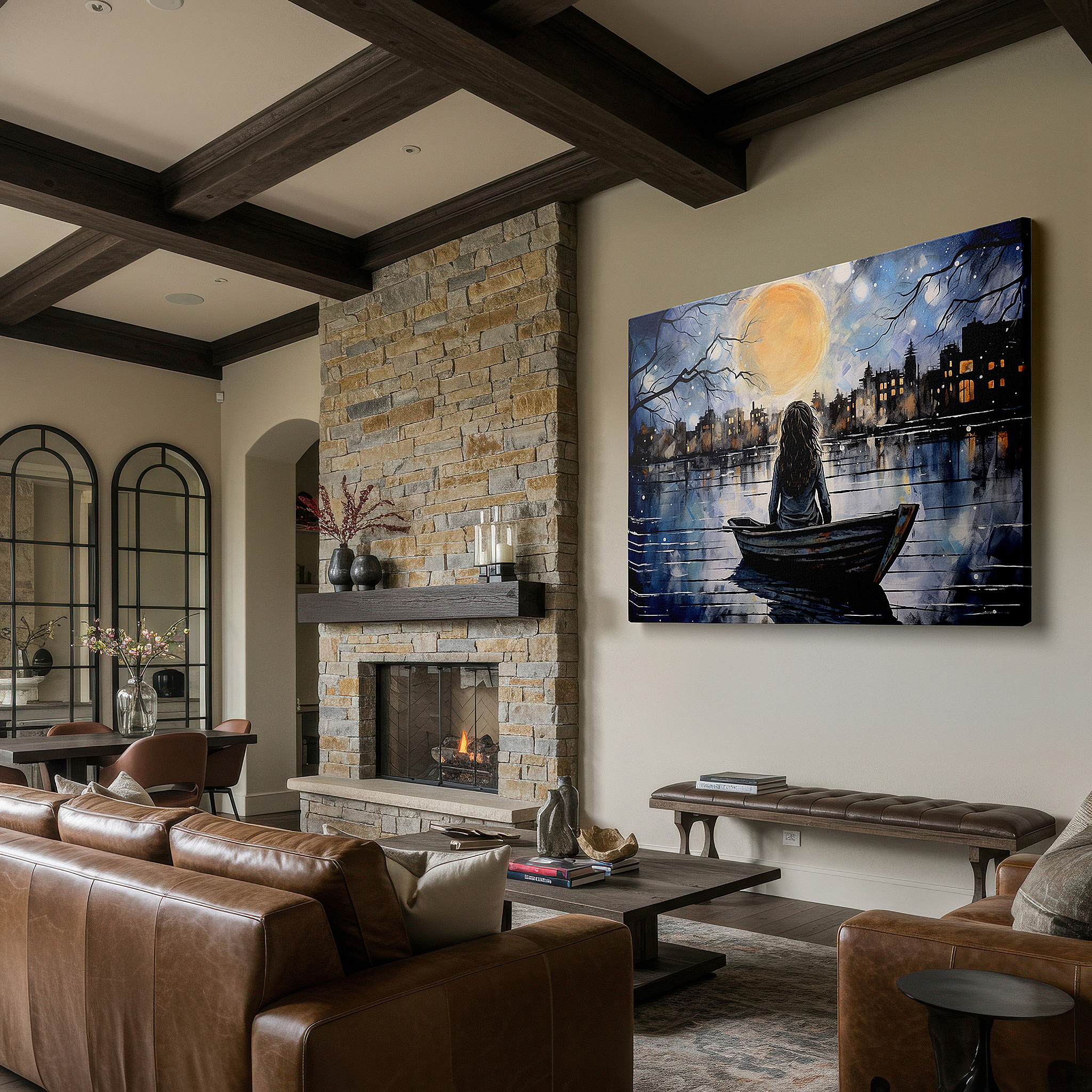 Lighting brings out layered depth in the print’s surface grain — young girl in a boat under moonlight, cityscape silhouette night scene, large canvas wall art for home and office decor