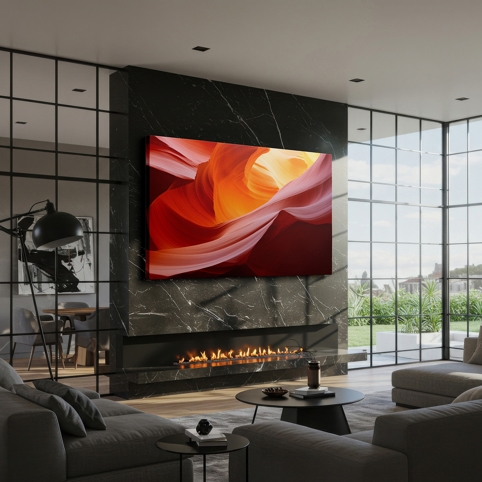 Mounted in a loft-style interior with exposed brick walls — abstract canyon essence: a symphony of light and texture - large canvas wall art for office and bedroom decor