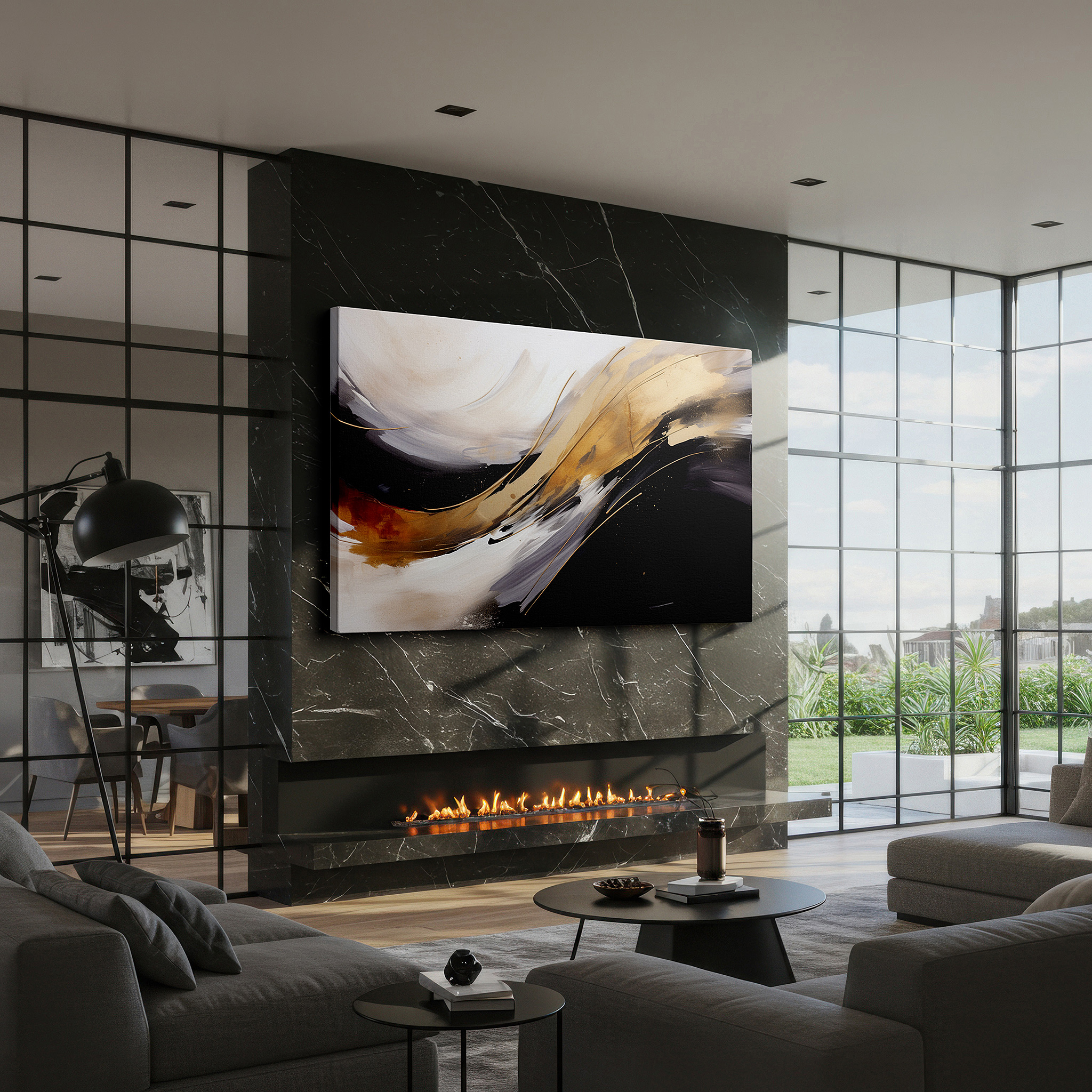 Mounted in a loft-style interior with exposed brick walls — abstract elegance: bold lines and monochrome palette with luxurious gold accents - large canvas wall art for office decor