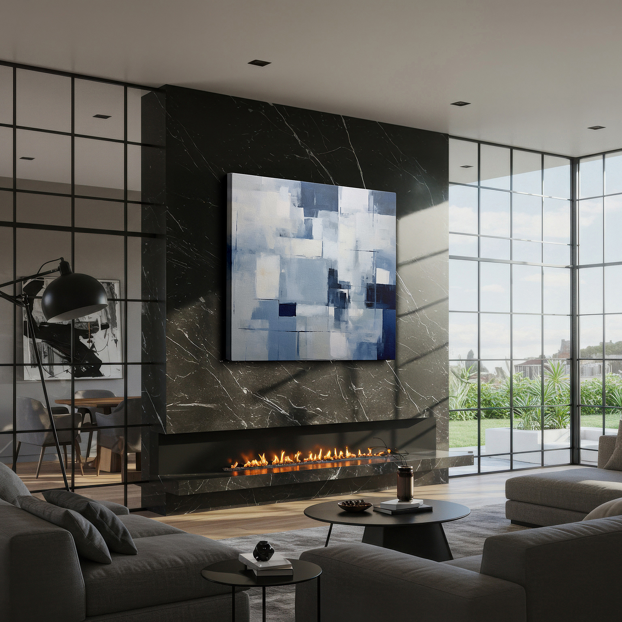 Mounted in a loft-style interior with exposed brick walls — abstract geometric harmony in serene blues and crisp whites: contemporary large wall art for office and home decor, canvas wall art