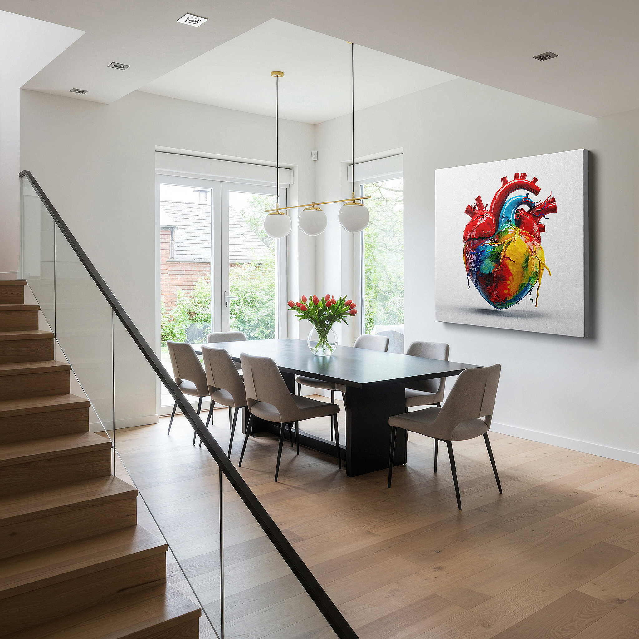 Mounted in a loft-style interior with exposed brick walls — abstract heart wall art: embrace the emotional spectrum with vibrant reds and mystical purples - perfect for home or office decor, available as large canvas art