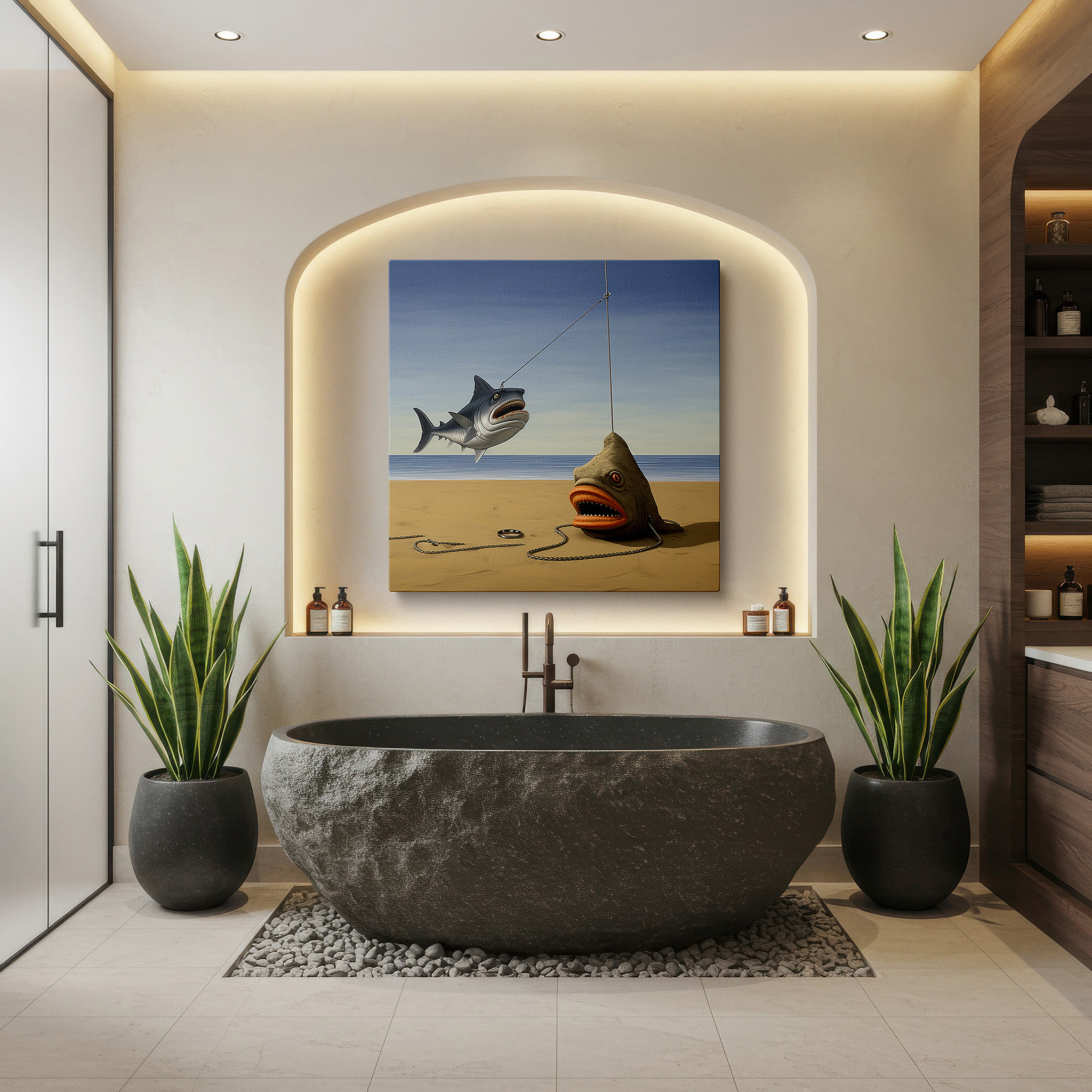 Mounted in a loft-style interior with exposed brick walls — anthropomorphic fish at sunset whimsical beach gathering large canvas wall art for office and bedroom decor