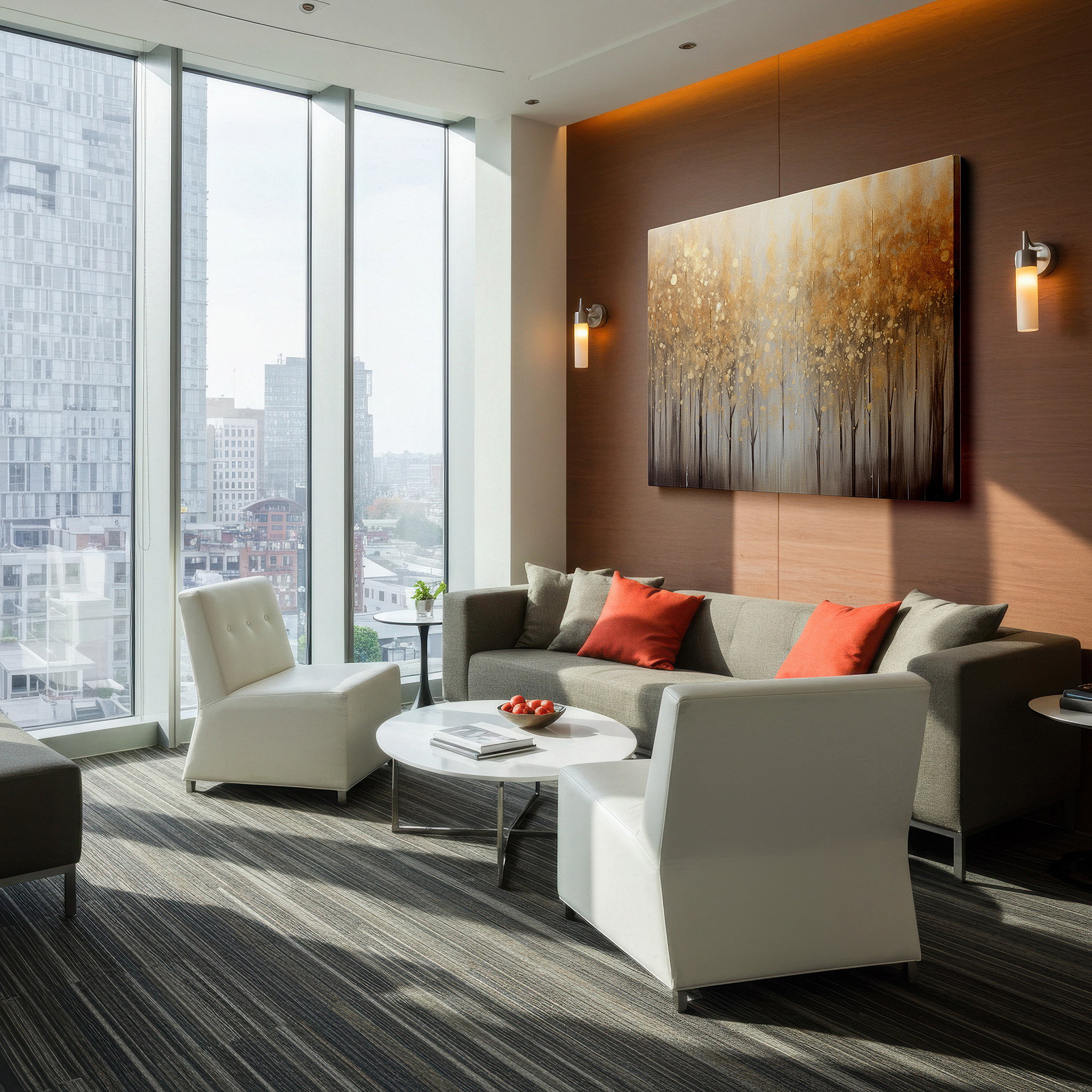Mounted in a loft-style interior with exposed brick walls — autumn's ethereal tapestry: a golden abstract forest - large wall art, canvas wall art, wall decor for office and bedroom
