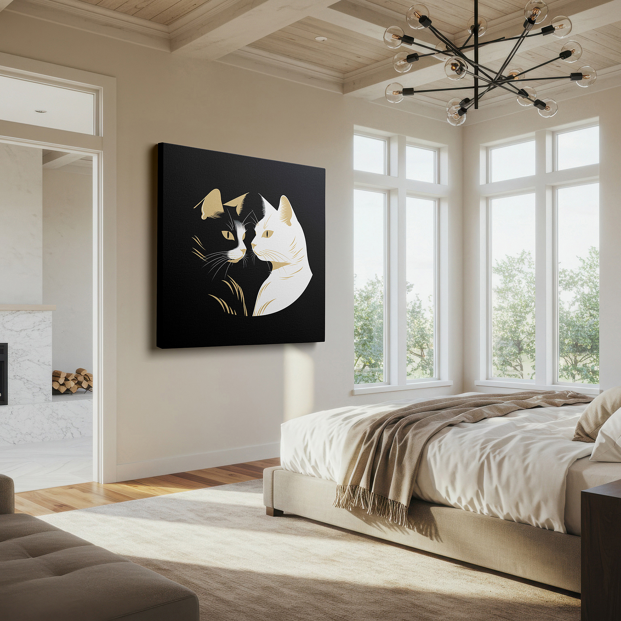 Mounted in a loft-style interior with exposed brick walls — black and white duality - minimalist contrast featuring two cats, large canvas wall art for office and bedroom decor