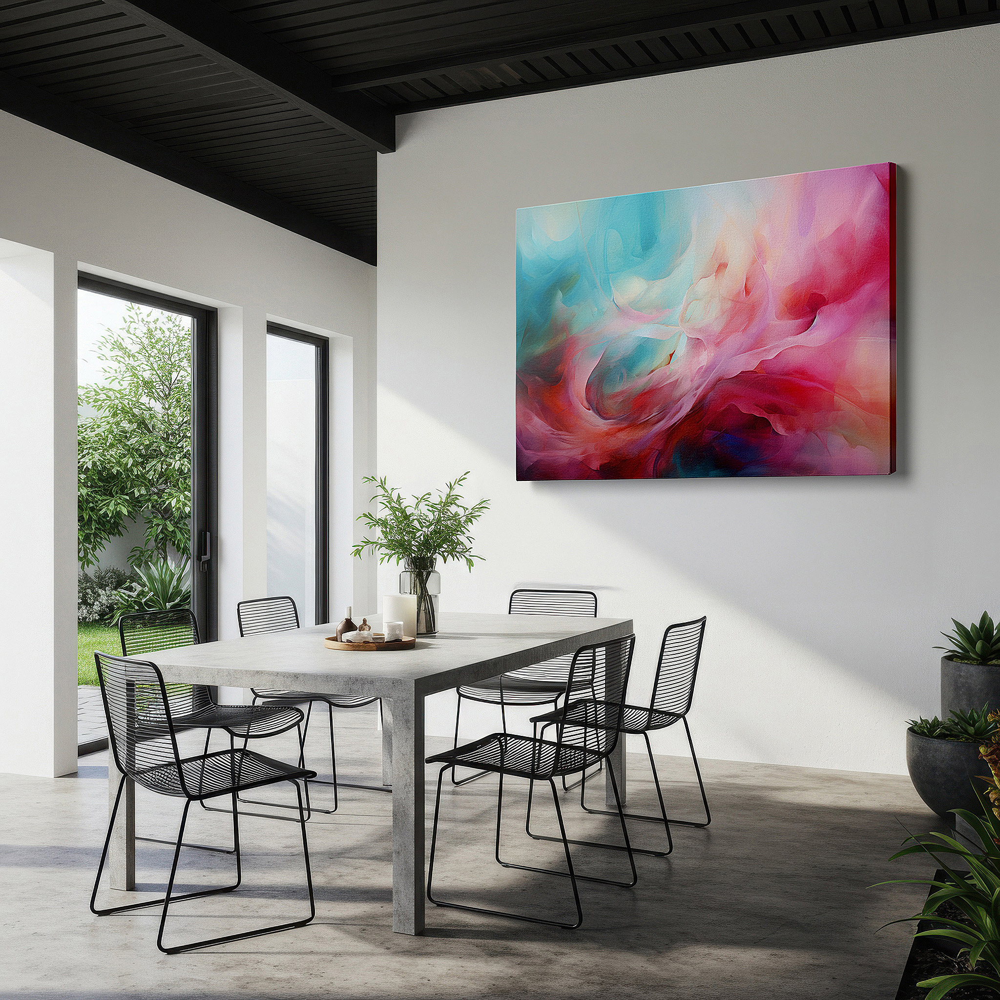 Mounted in a loft-style interior with exposed brick walls — blue and pink tranquil swirls: a serene and creative visual feast - large canvas wall art for office decor
