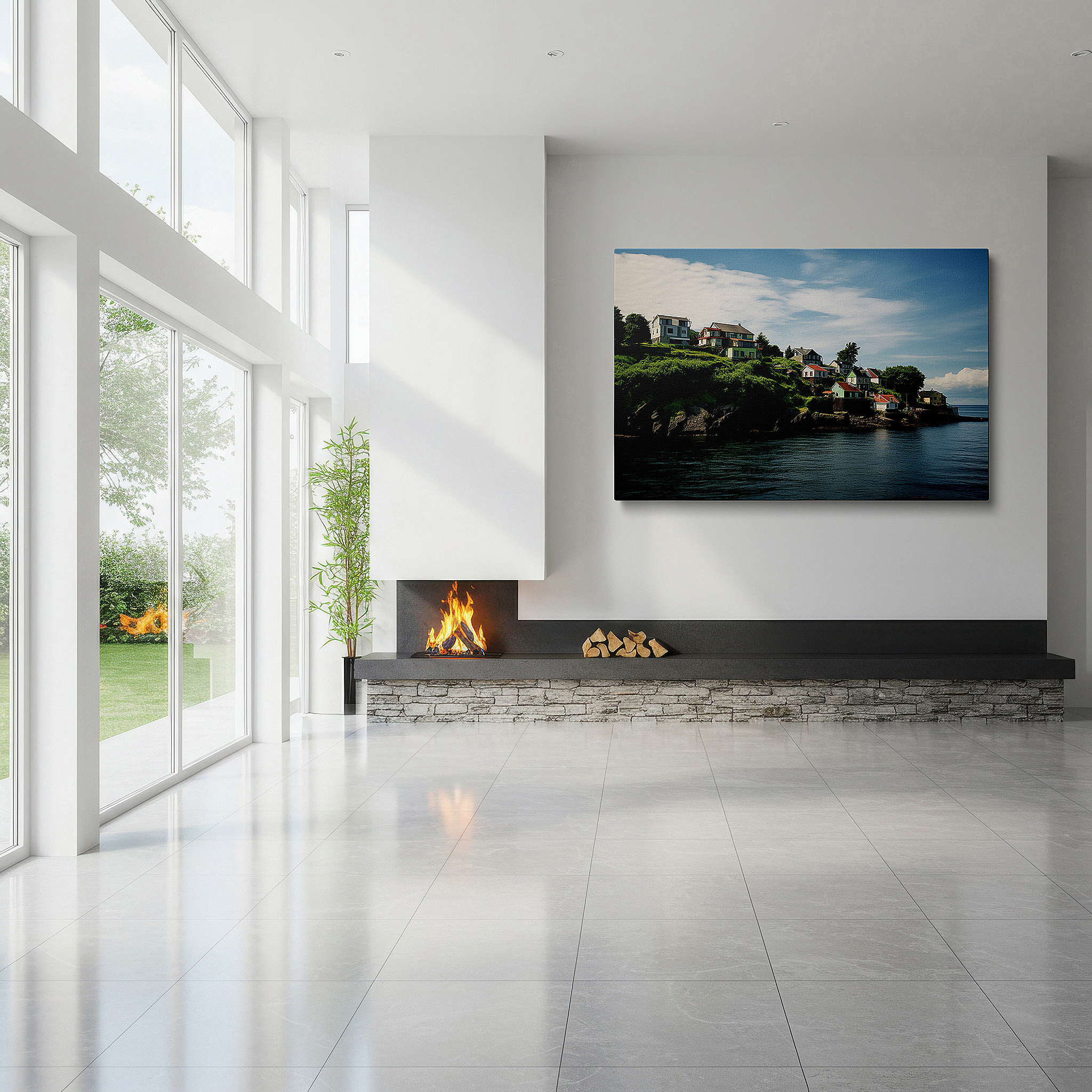 Mounted in a loft-style interior with exposed brick walls — coastal serenity and architectural elegance in a scenic cliffside village: large wall art, canvas wall art, wall decor for offices and bedrooms