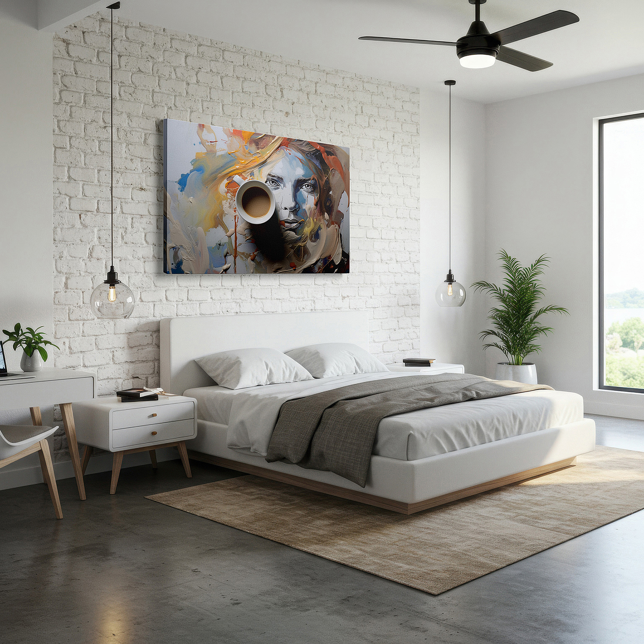 Mounted in a loft-style interior with exposed brick walls — coffee break on an artist's palette: blending everyday comfort with creative flair - large wall art, canvas wall art, wall decor, office wall art
