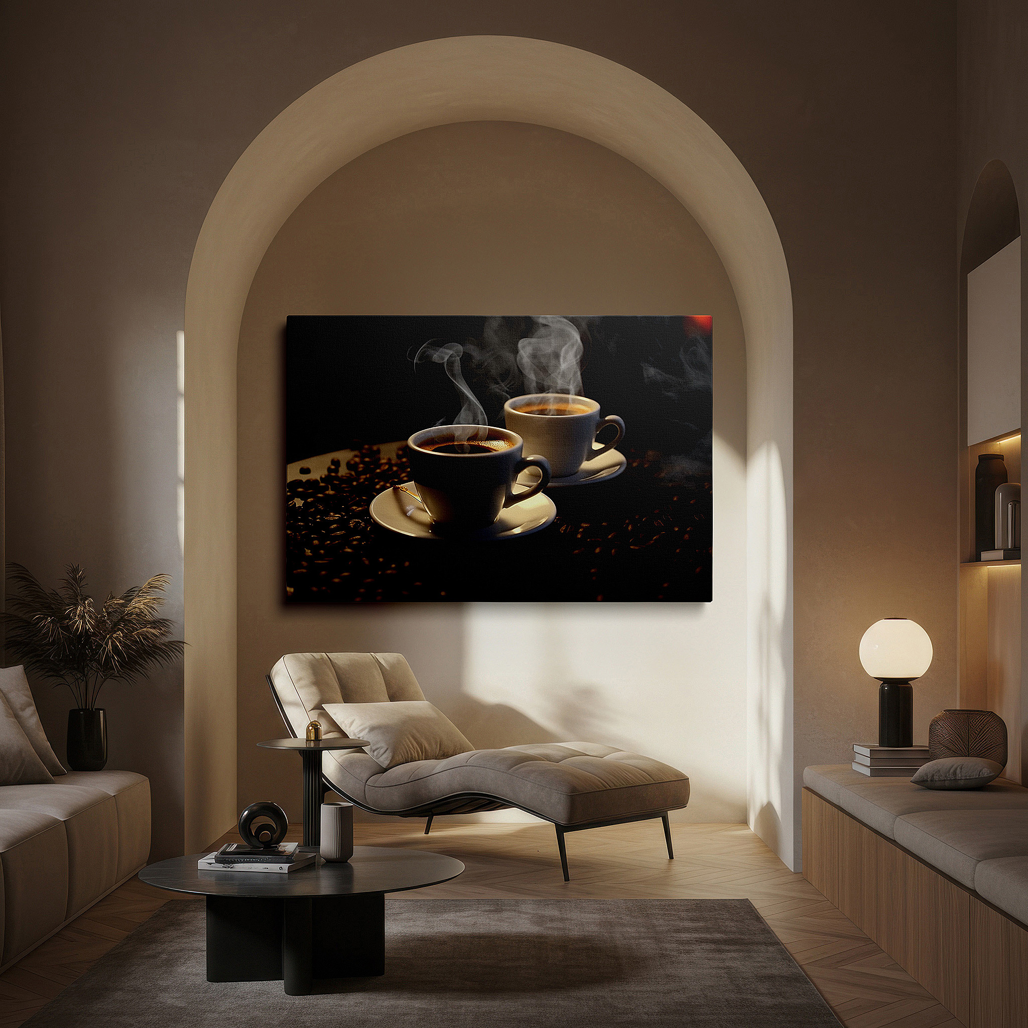 Mounted in a loft-style interior with exposed brick walls — coffee culture tribute wall art featuring steaming cups and roasted beans - large canvas for office or bedroom decor