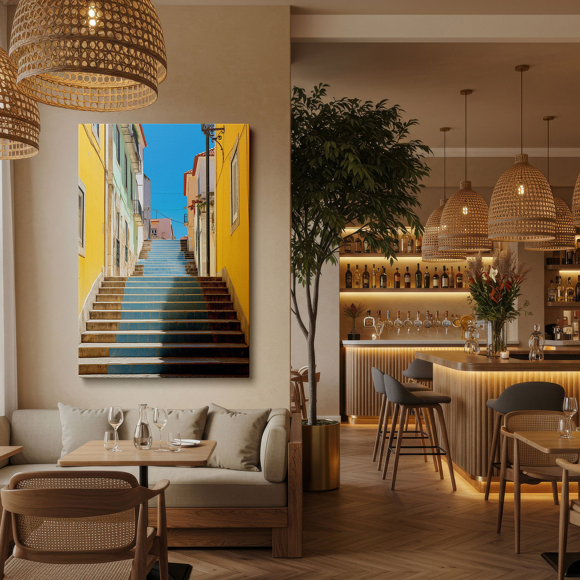 Mounted in a loft-style interior with exposed brick walls — colorful stairway in a charming european alley, surrounded by vibrant buildings under a clear blue sky - large wall art, canvas wall art, wall decor for office