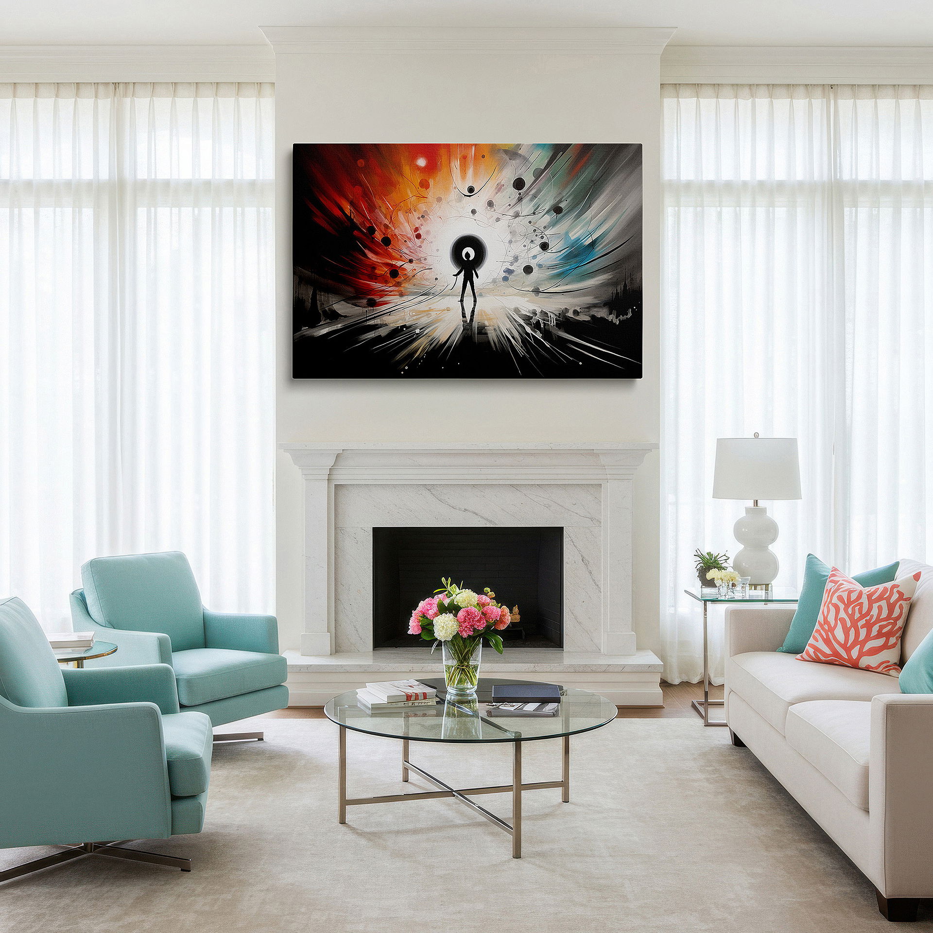 Mounted in a loft-style interior with exposed brick walls — cosmic dance of colors: exploring human potential through abstract imagery - large canvas wall art for office, living room, and bedroom decor