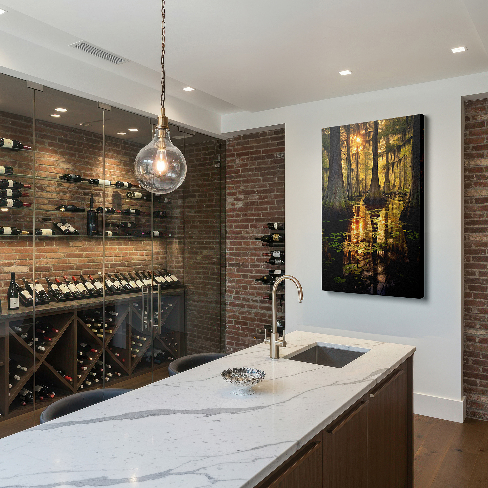 Mounted in a loft-style interior with exposed brick walls — cypress swamp at sunset - serene nature reflections large wall art, canvas wall art, wall decor for office and bedroom