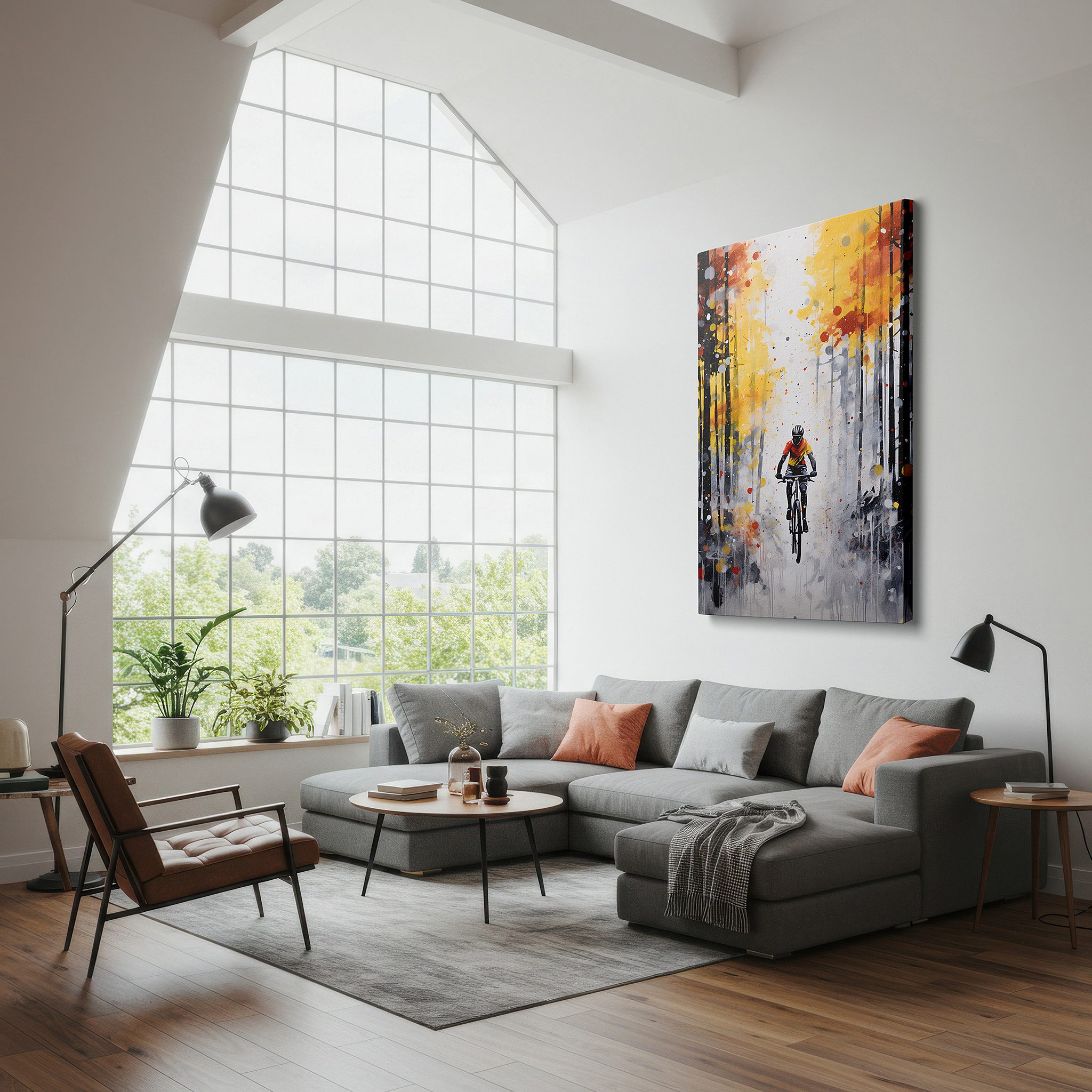 Mounted in a loft-style interior with exposed brick walls — dynamic mountain biker racing through autumn forest: a vivid celebration of adventure and nature - large wall art, canvas wall art, wall decor for office