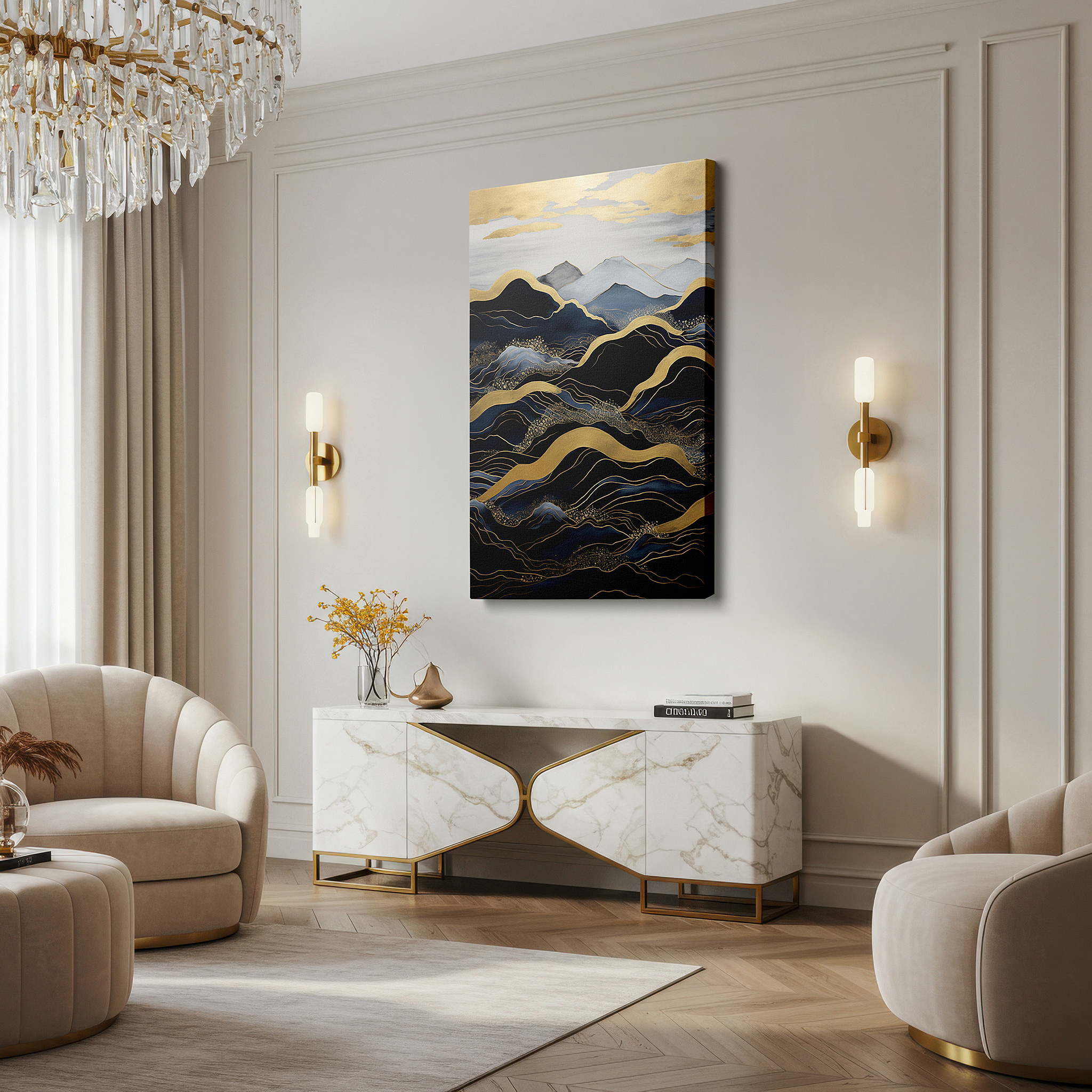 Mounted in a loft-style interior with exposed brick walls — elegant black and gold majestic mountains, luxurious large wall art, canvas decor for office and bedroom