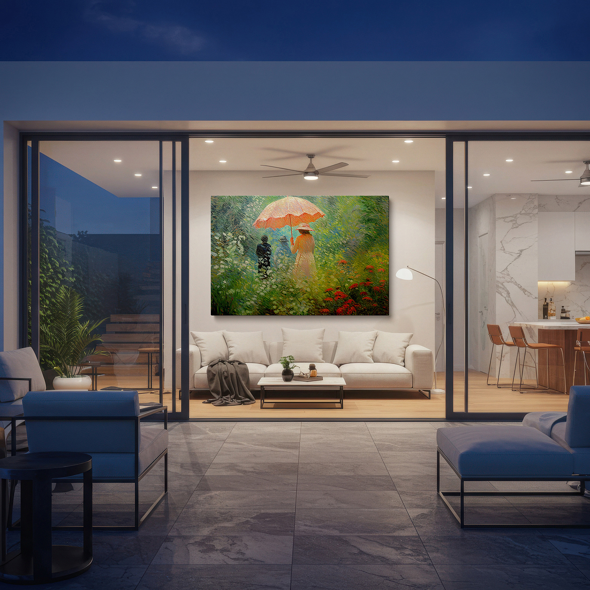 Mounted in a loft-style interior with exposed brick walls — elegant lady with umbrella in a flourishing garden wall art, canvas decor for office, bedroom, and living room