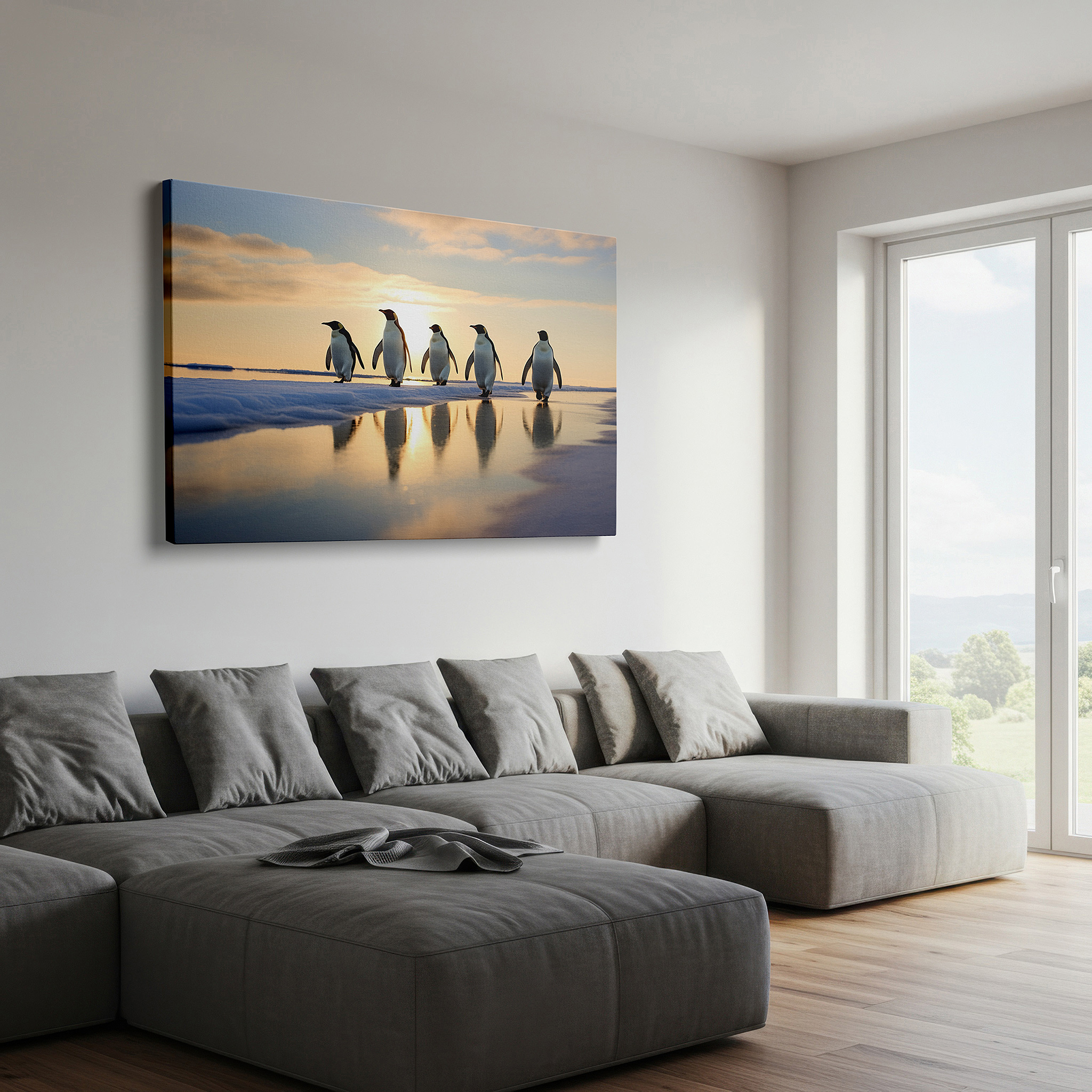 Mounted in a loft-style interior with exposed brick walls — elegant penguins at sunset by a shimmering icy shoreline - large canvas wall art for office, bedroom, and living room decor