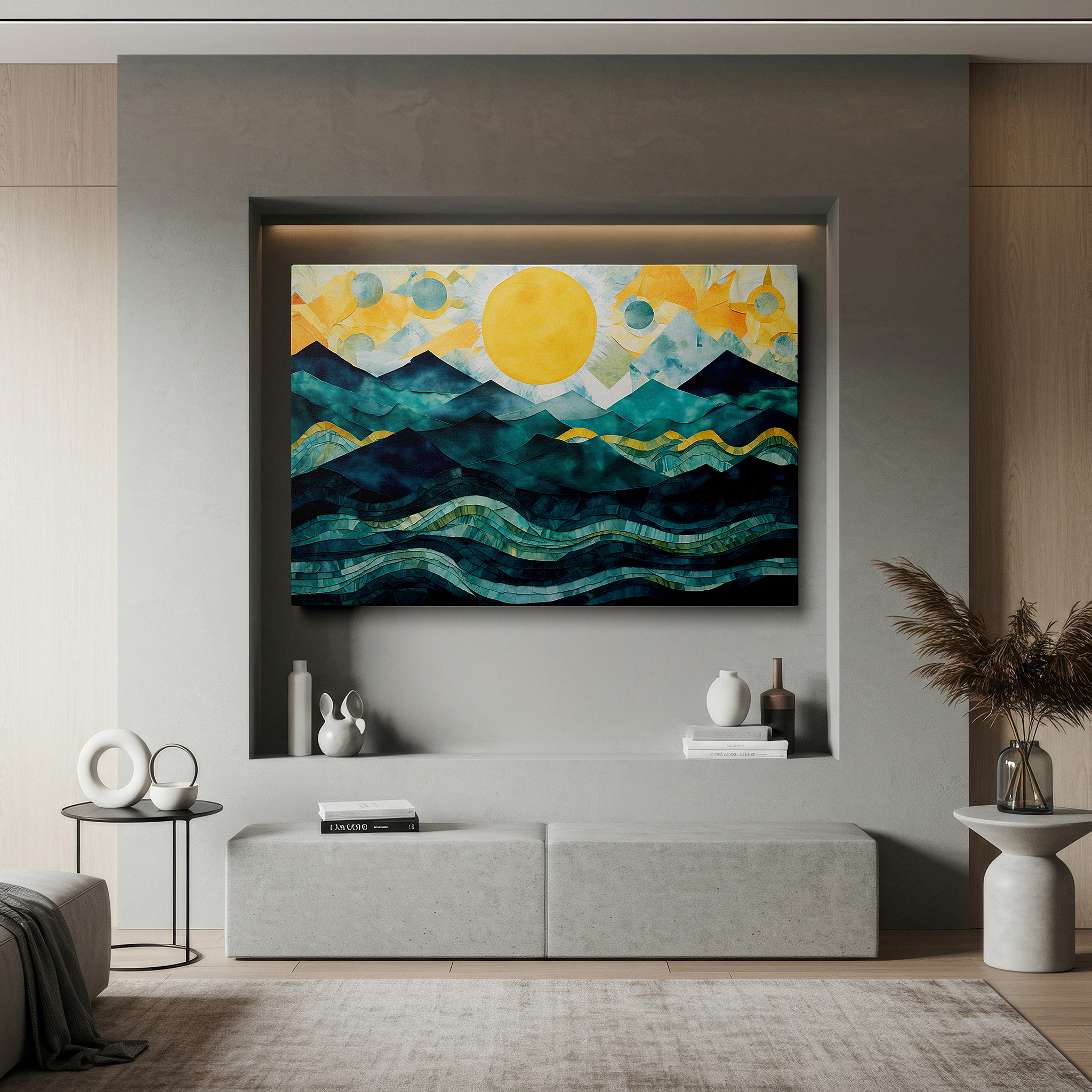 Mounted in a loft-style interior with exposed brick walls — enchanting seascape featuring gentle waves and majestic mountains beneath a radiant sun - large canvas wall art for office decor