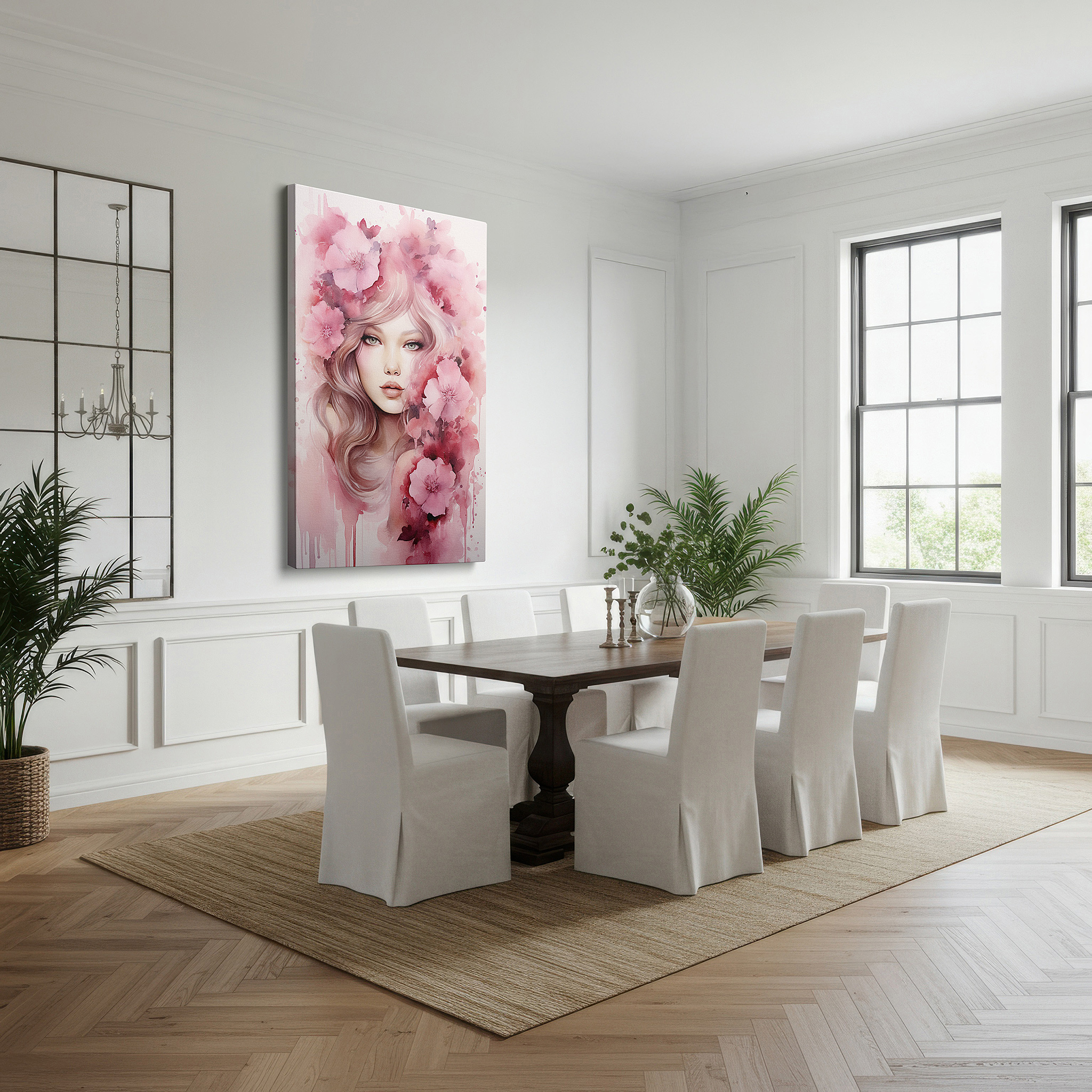 Mounted in a loft-style interior with exposed brick walls — ethereal blossoms: a serene fusion of feminine elegance and natural charm - large wall art, canvas wall art, wall decor for office and bedroom