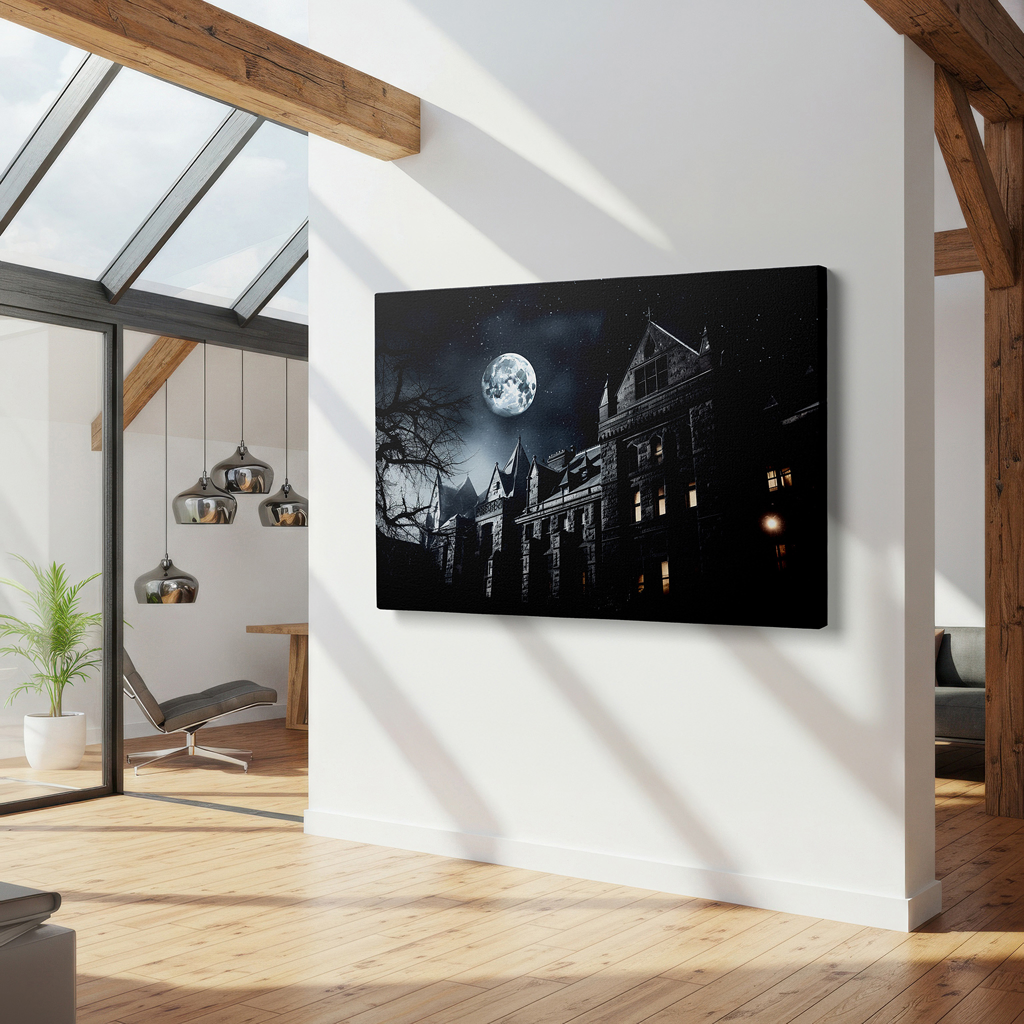 Mounted in a loft-style interior with exposed brick walls — ethereal moonlit mansion: mysterious and inviting large wall art, canvas decor for home and office