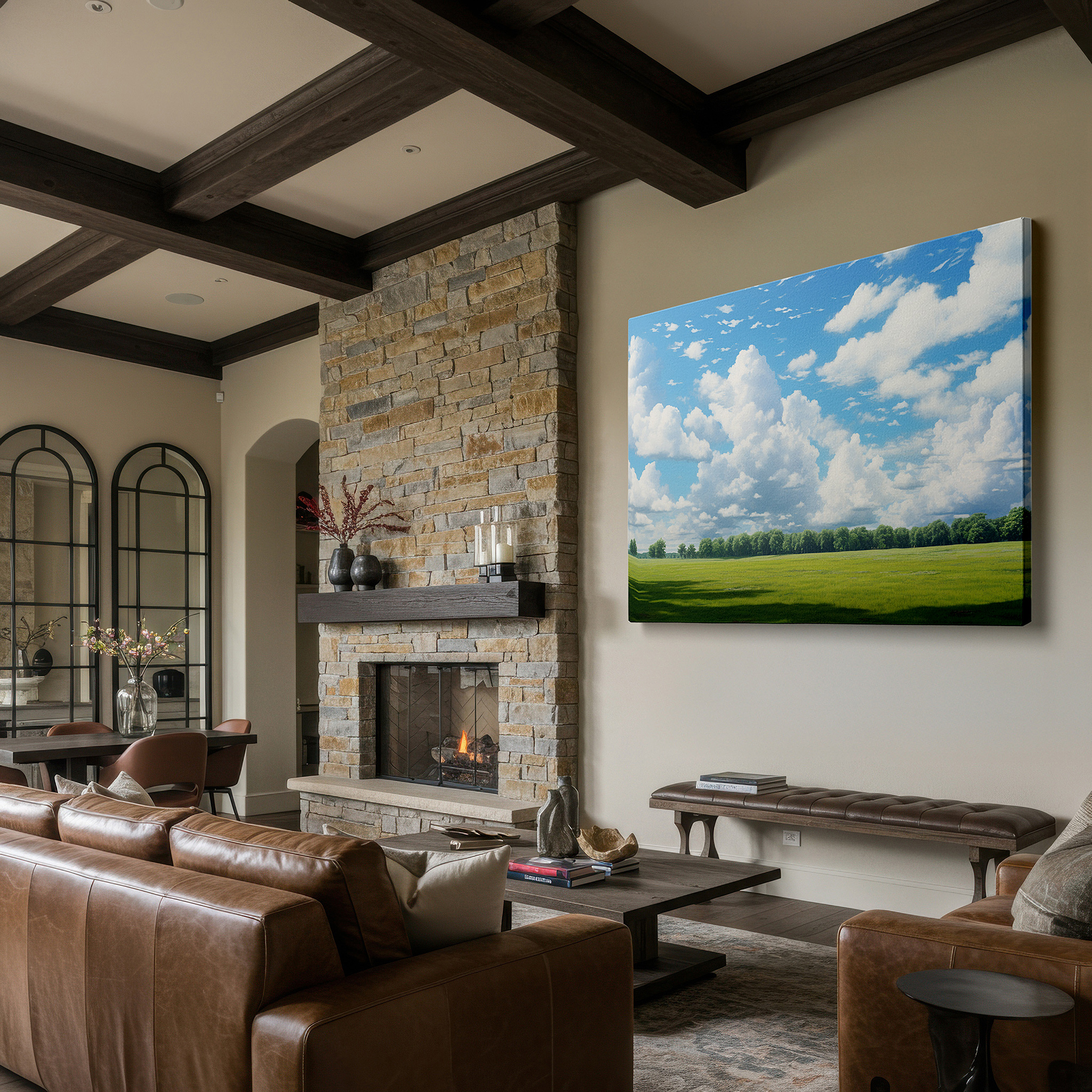 Mounted in a loft-style interior with exposed brick walls — expansive green meadow beneath bright blue sky, serene nature scene large wall art, canvas wall art, wall decor for office and bedroom