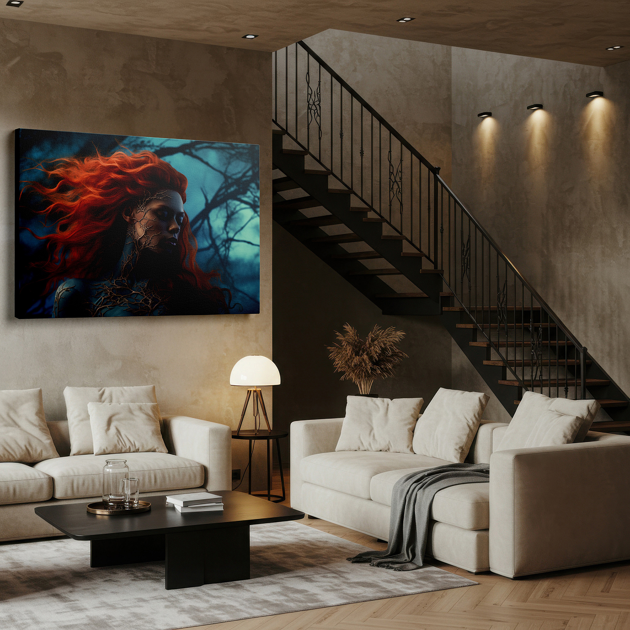Mounted in a loft-style interior with exposed brick walls — fiery hues of mystical nature: transformative large wall art for office, bedroom, and living spaces