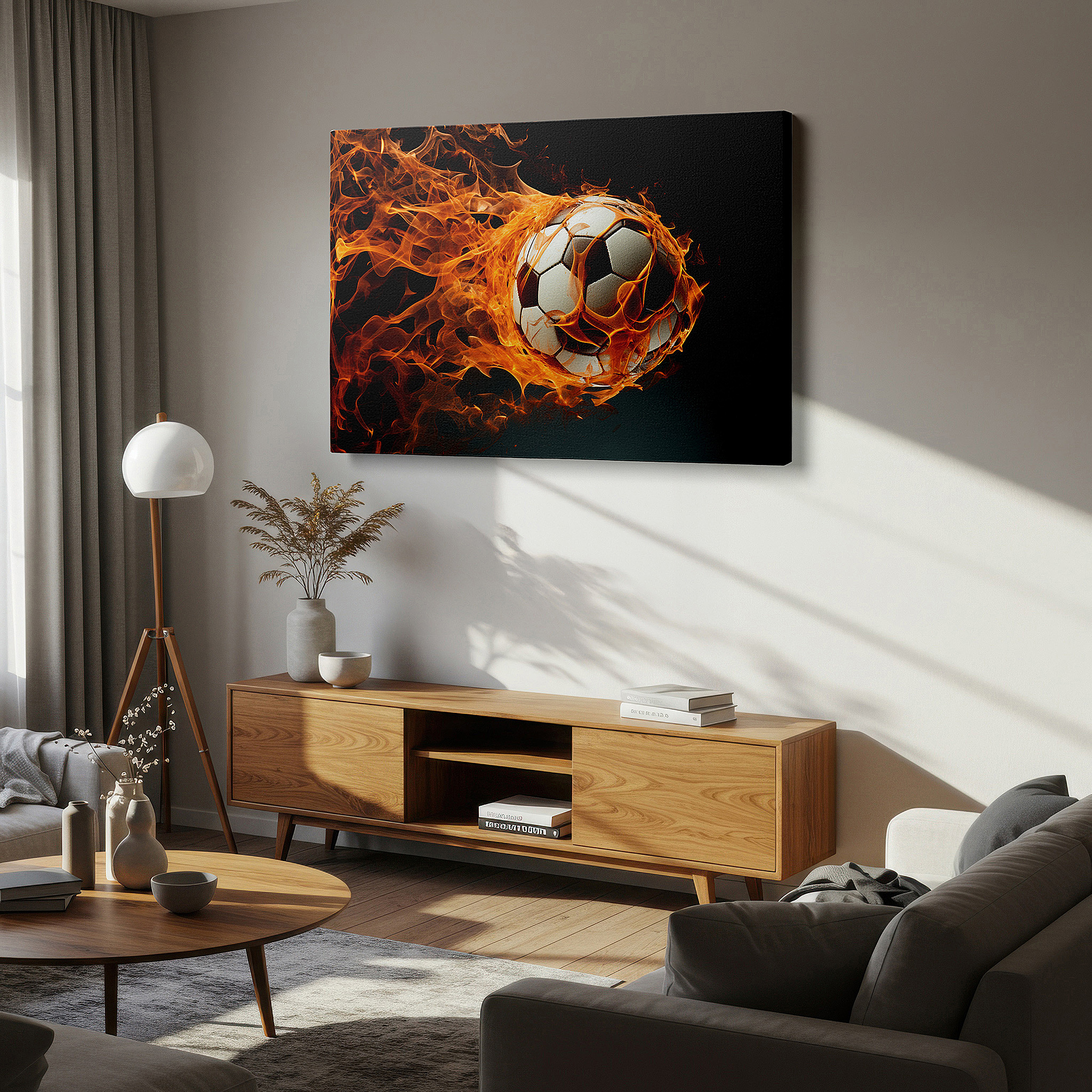 Mounted in a loft-style interior with exposed brick walls — fiery soccer ball wall art: embodying passion and intensity in sports - ideal for office, bedroom, and living room decor