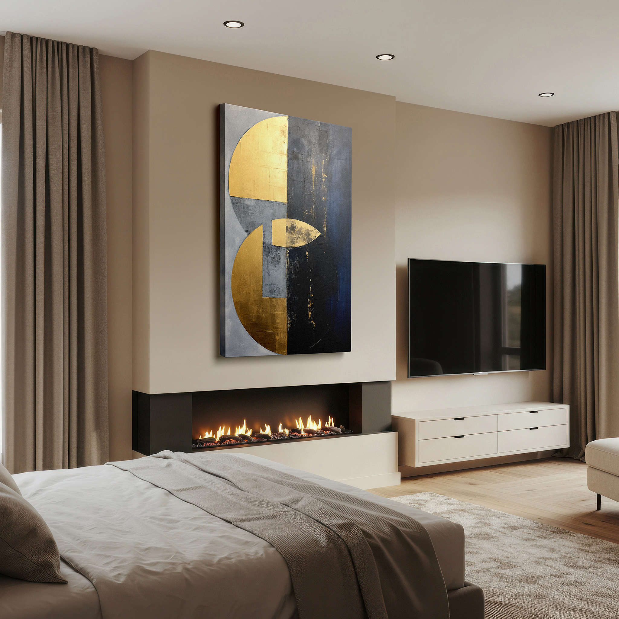 Mounted in a loft-style interior with exposed brick walls — gold, gray, and black geometric elegance with bold circular motifs: large wall art for office and bedroom decor