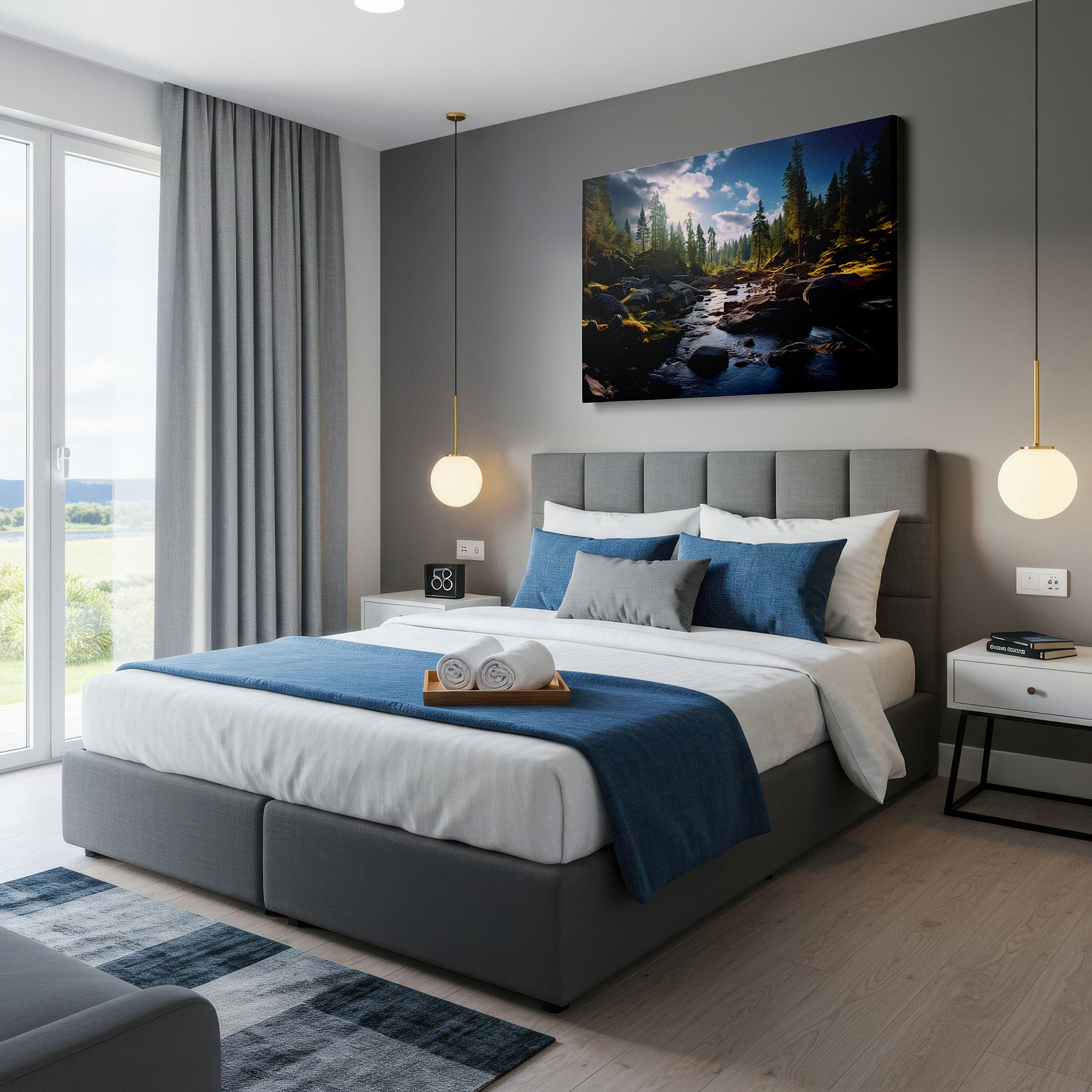 Mounted in a loft-style interior with exposed brick walls — golden hour tranquil riverscape with serene reflections and verdant pines, large canvas wall art for office and bedroom decor