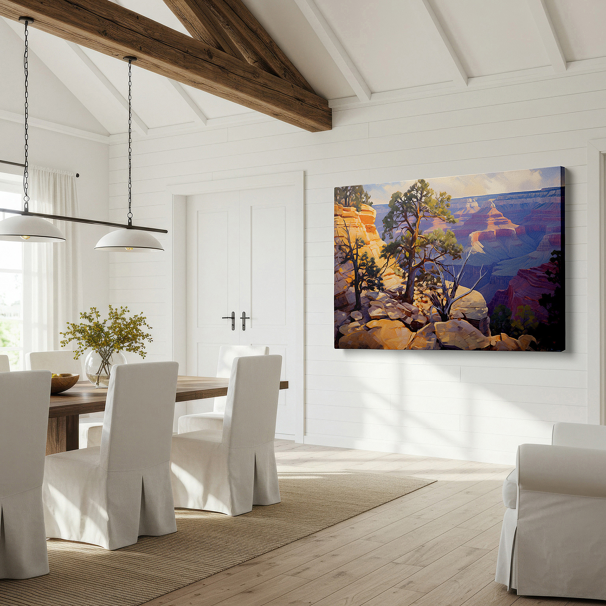 Mounted in a loft-style interior with exposed brick walls — grand canyon solitary tree wall art - symbolizing endurance in a vibrant sunset, large canvas for home and office decor