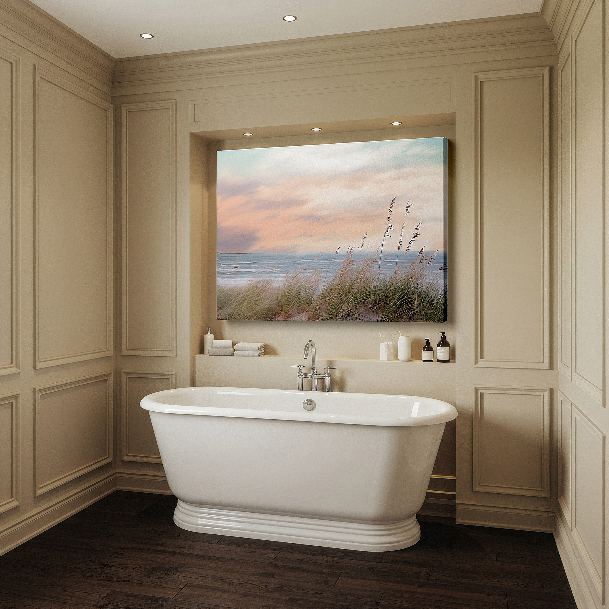 Mounted in a loft-style interior with exposed brick walls — grassy seaside dunes at twilight: tranquil nature masterpiece - large canvas wall art for office and bedroom decor