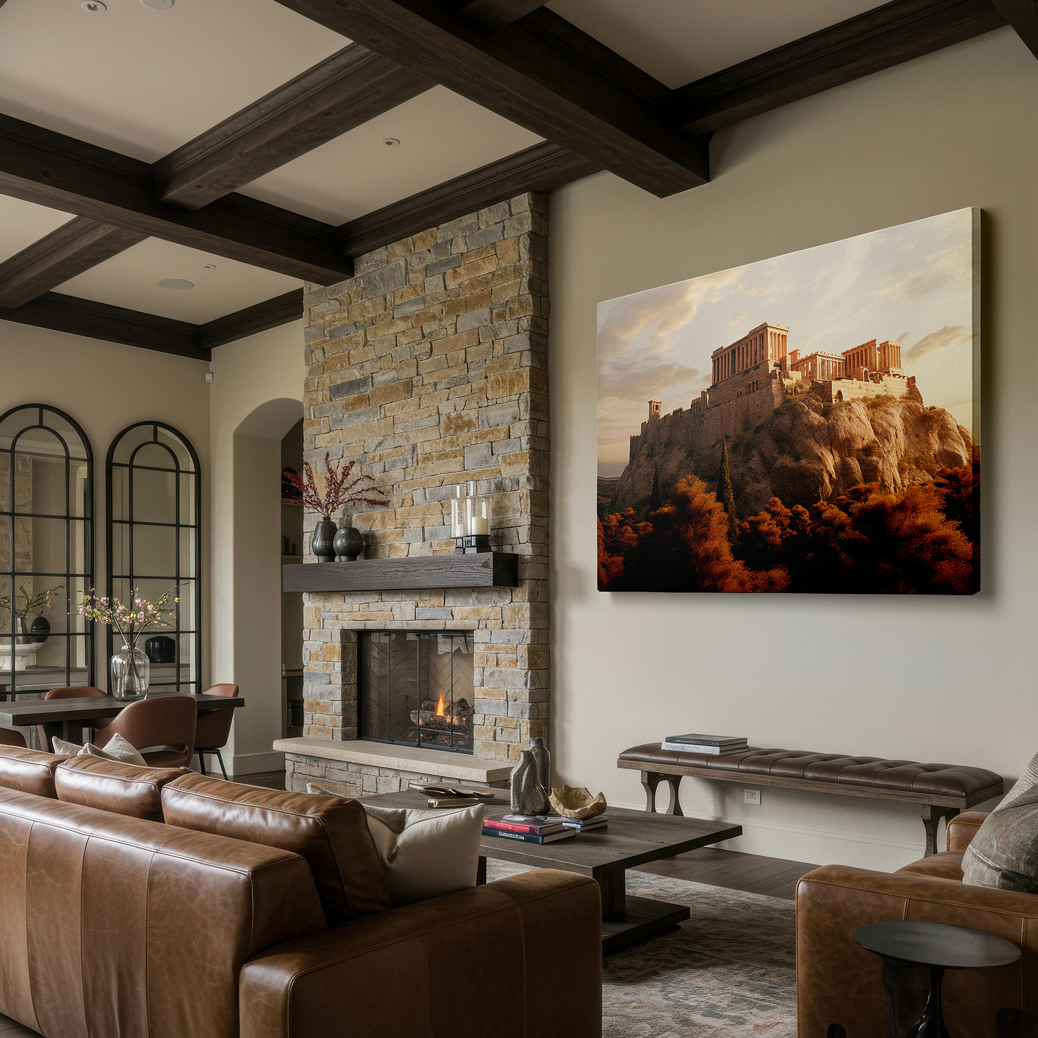 Mounted in a loft-style interior with exposed brick walls — historic ruins surrounded by autumn's vibrant leaves - a pictorial exploration of history and nature large wall art, canvas wall art, wall decor, office wall art