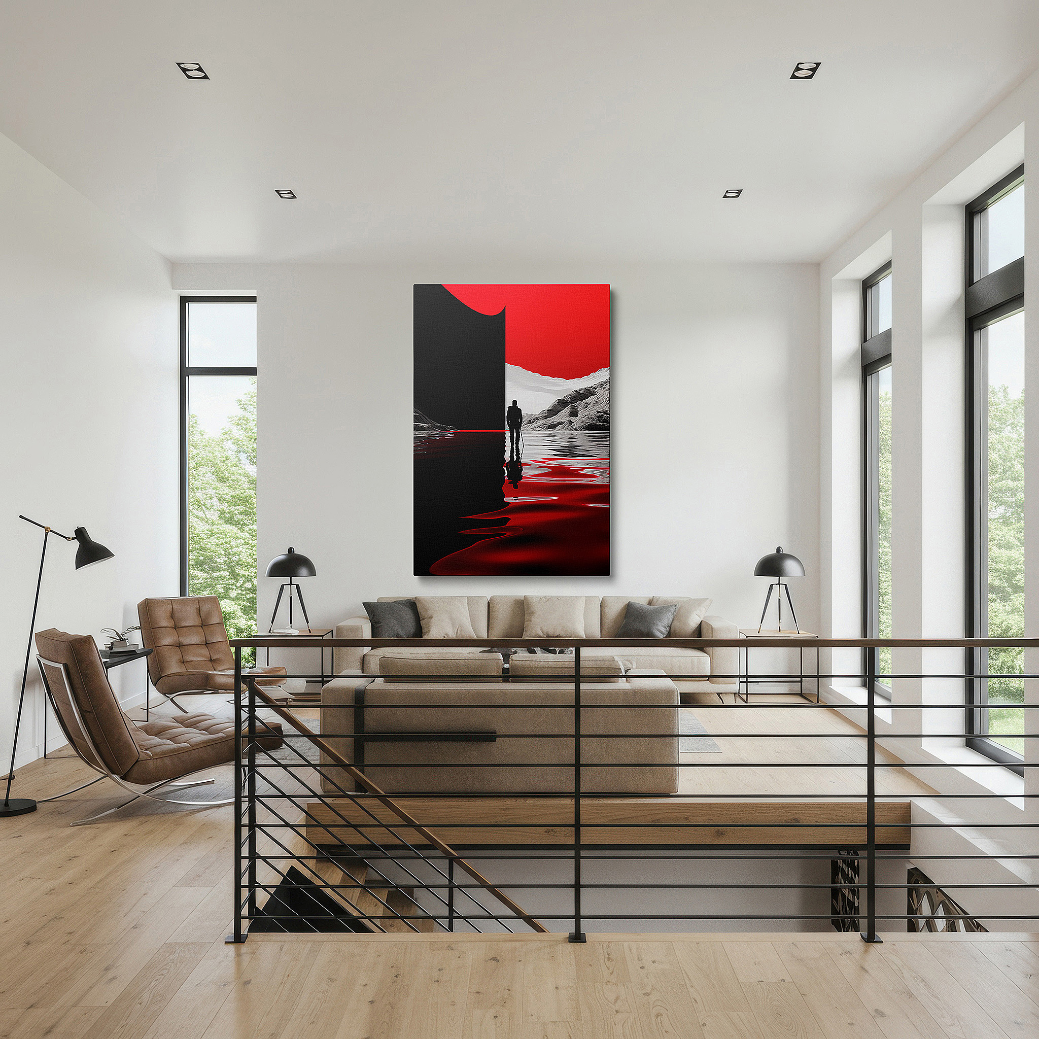 Mounted in a loft-style interior with exposed brick walls — at the intersection of passion and mystery, a lone figure contemplates life's decisions - large wall art, canvas wall art, wall decor for office
