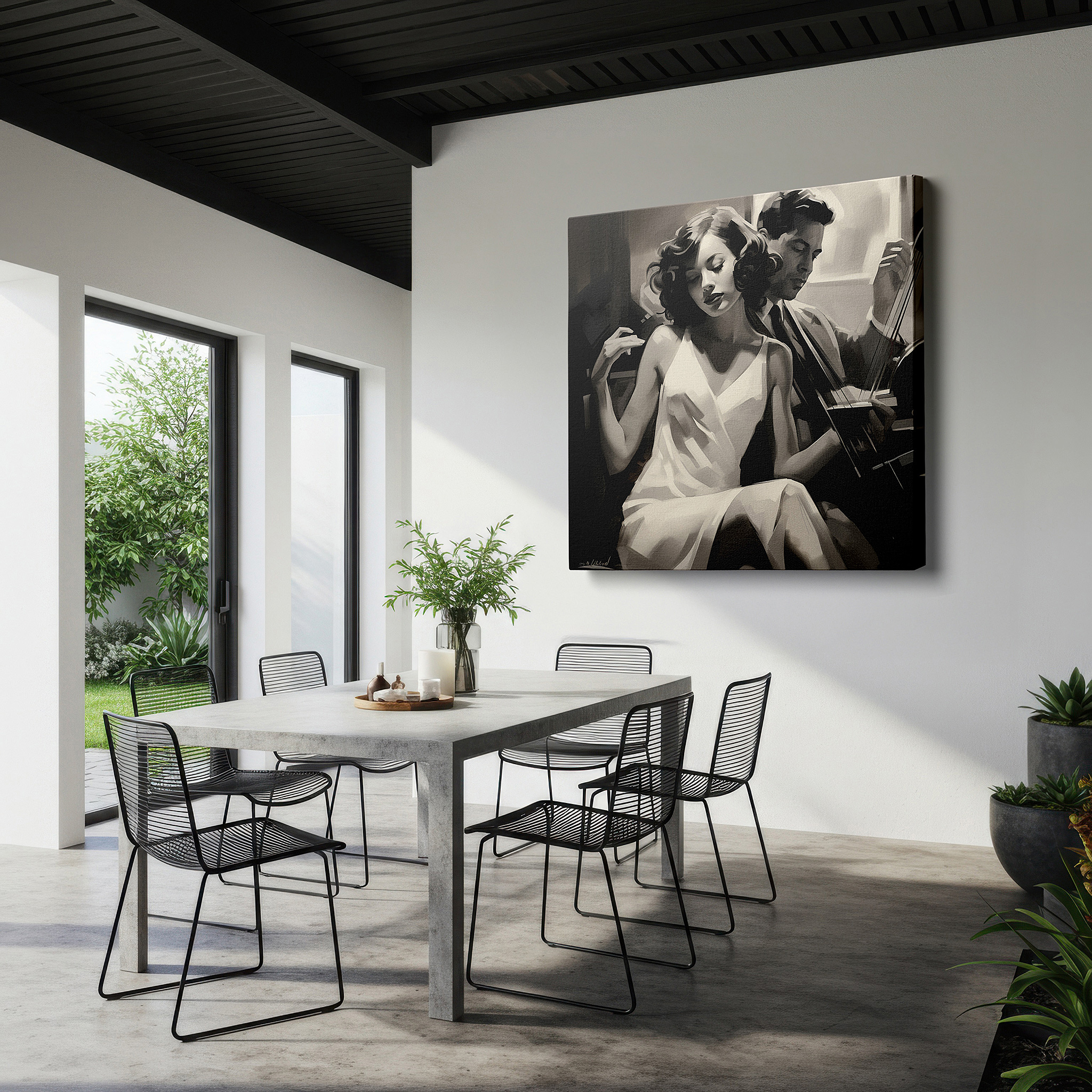 Mounted in a loft-style interior with exposed brick walls — jazz club-themed timeless musical romance large wall art for office, bedroom, and living room decor