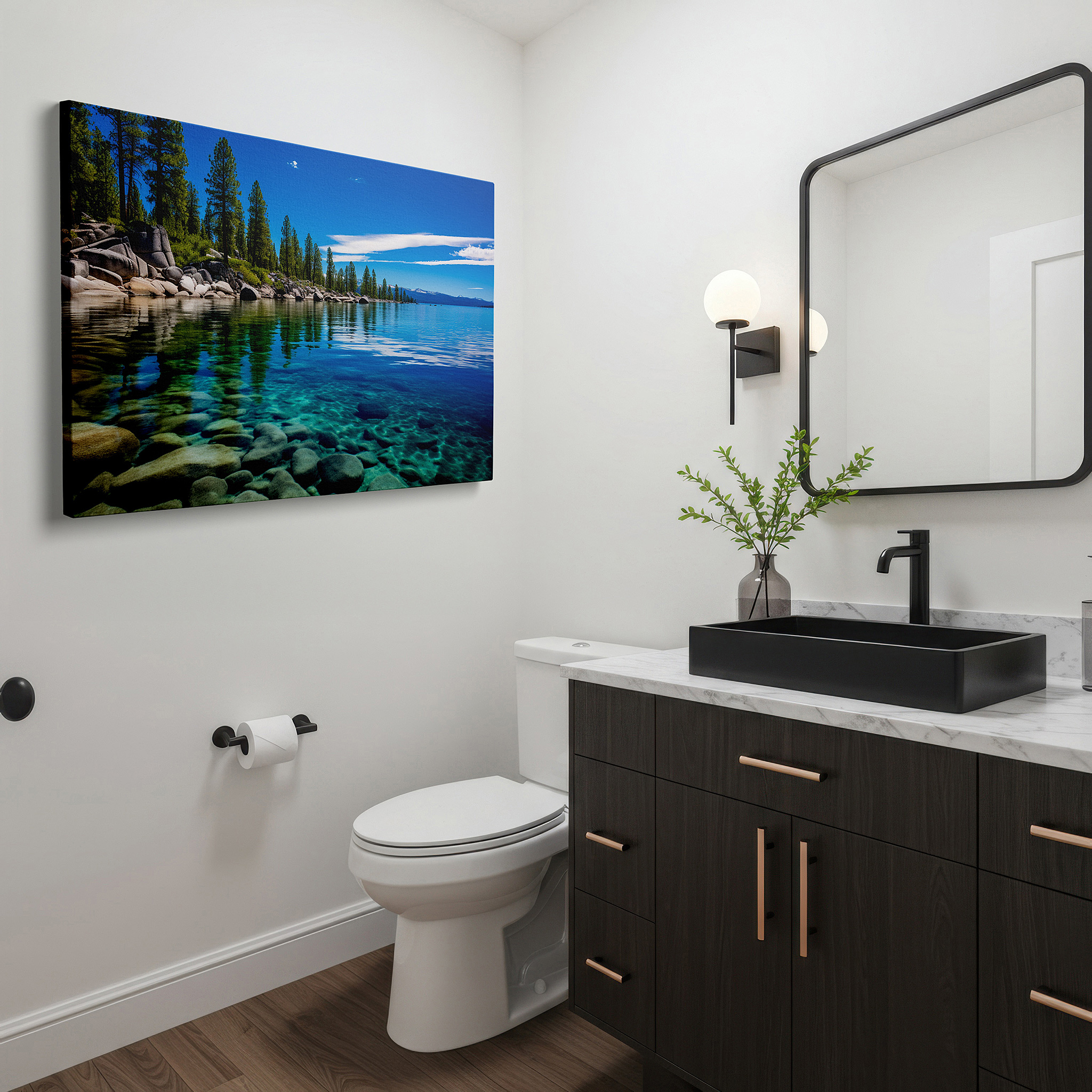 Mounted in a loft-style interior with exposed brick walls — lake tahoe's tranquil waters, verdant foliage, and rugged coastlines - a gateway to serene beauty large wall art, canvas wall art, wall decor